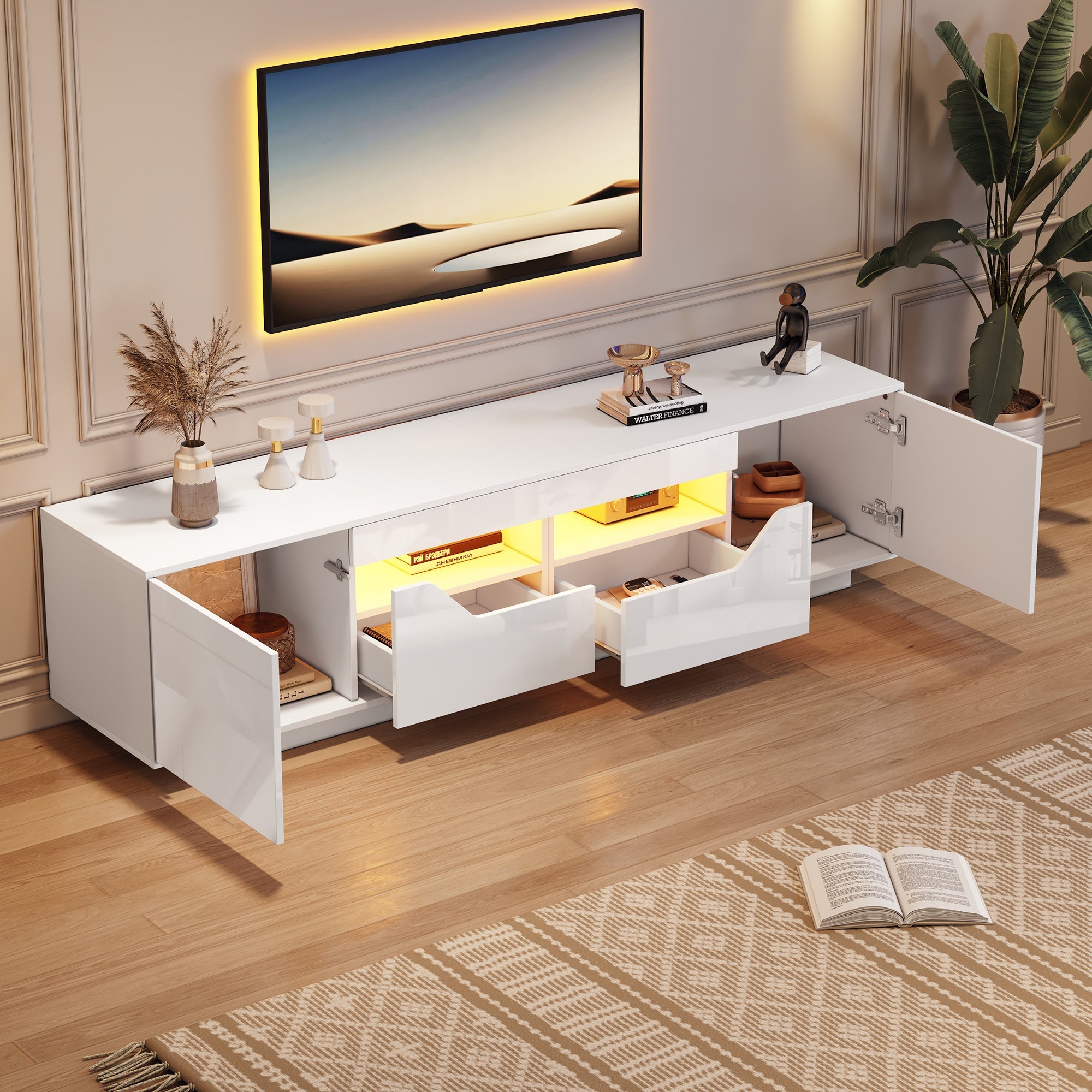 TV Stand Lowboard 180cm 75-inch TV LED Lights High-Gloss White