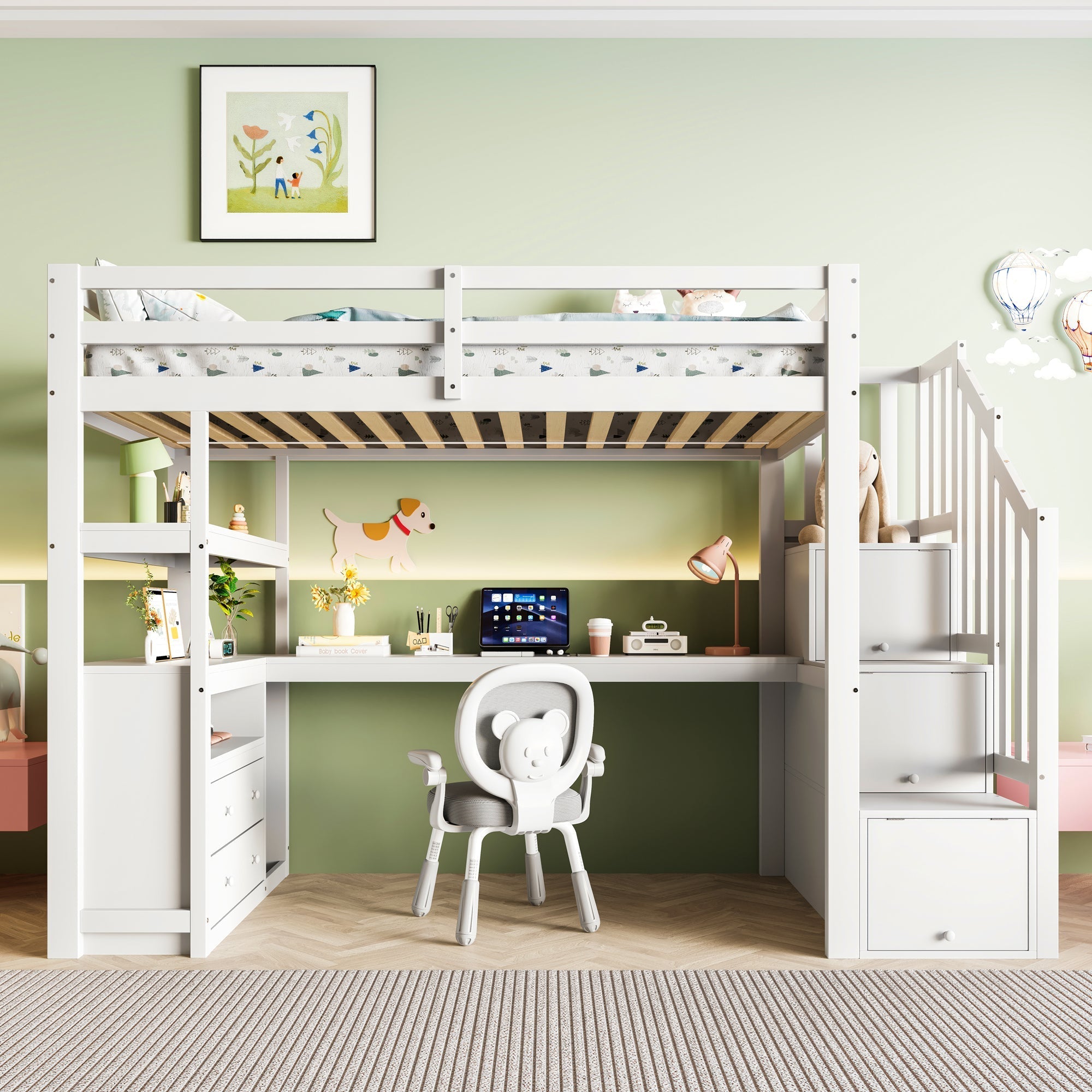 Loft Bed with Integrated Desk and Storage Ladder, 90x200cm, White