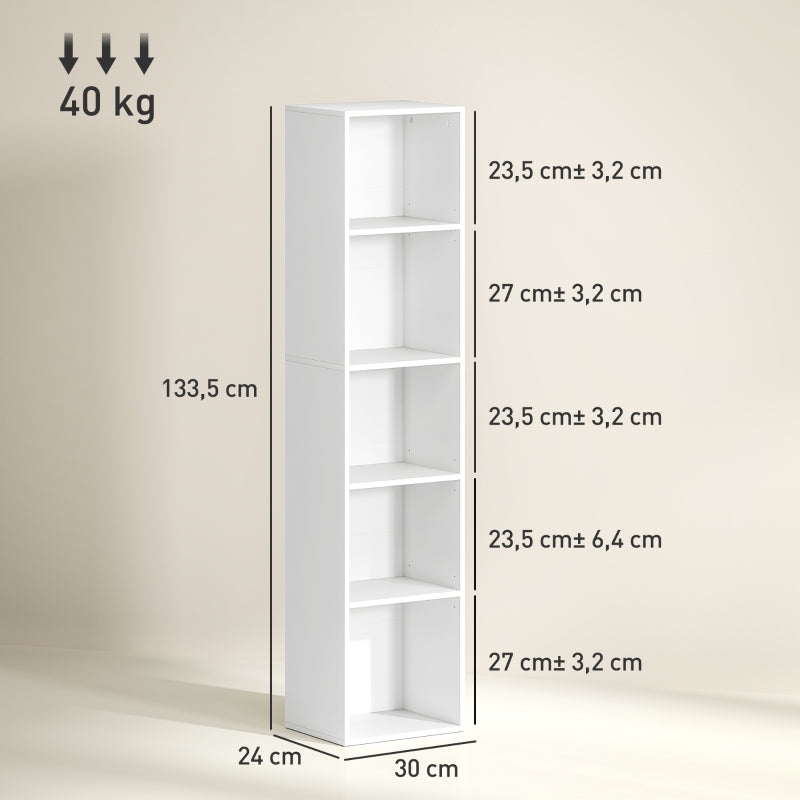 Bücherregal, verstellbares 5-stöckiges Aufbewahrungsregal, Weiß