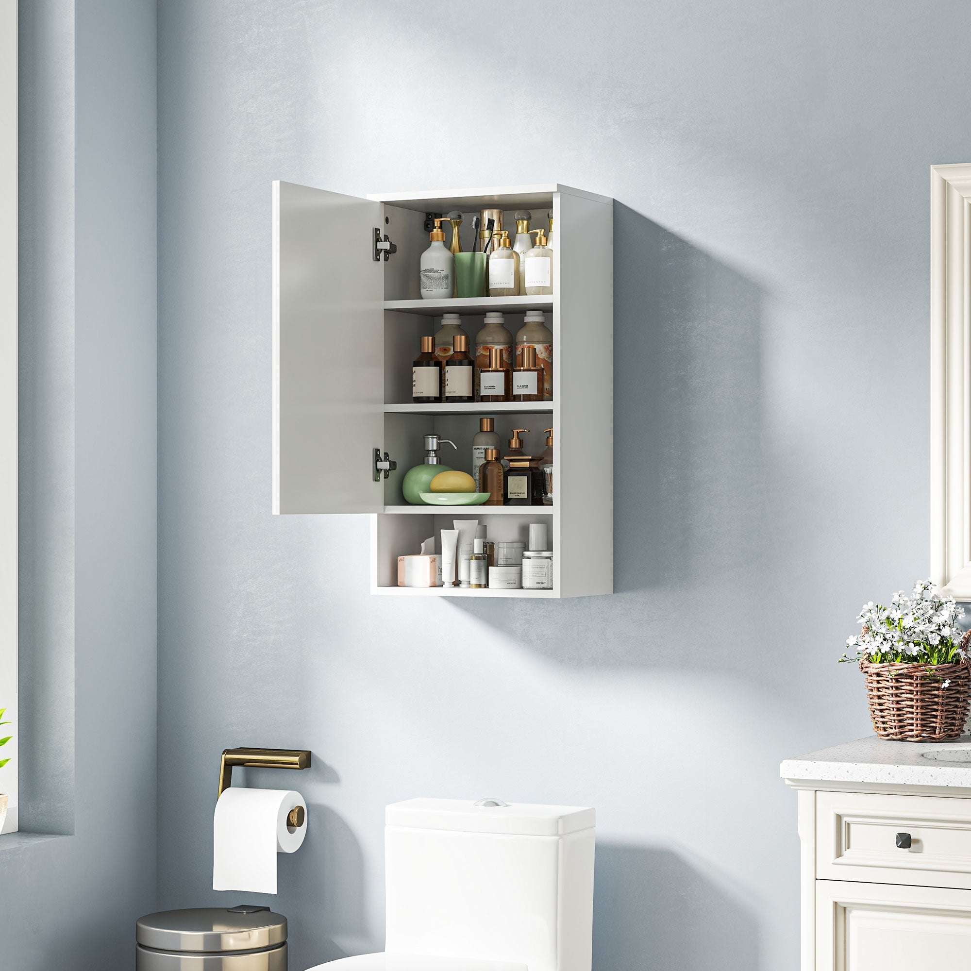 Wall Cabinet with Doors, Adjustable Shelves, Open Compartment, Wall Mounted, White