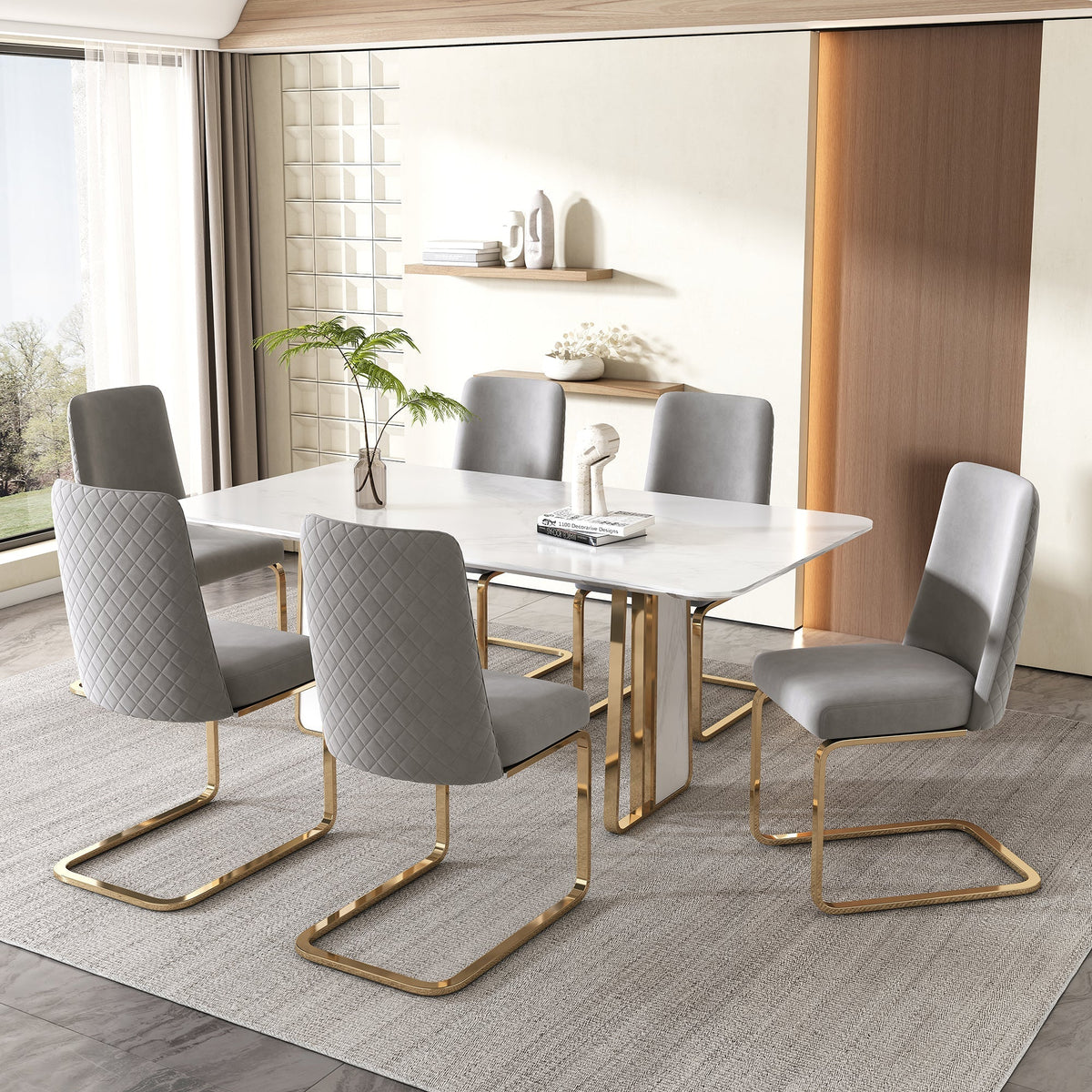 Velvet Dining Chair Set of 2 Diamond Back Gold Metal Legs - Grey