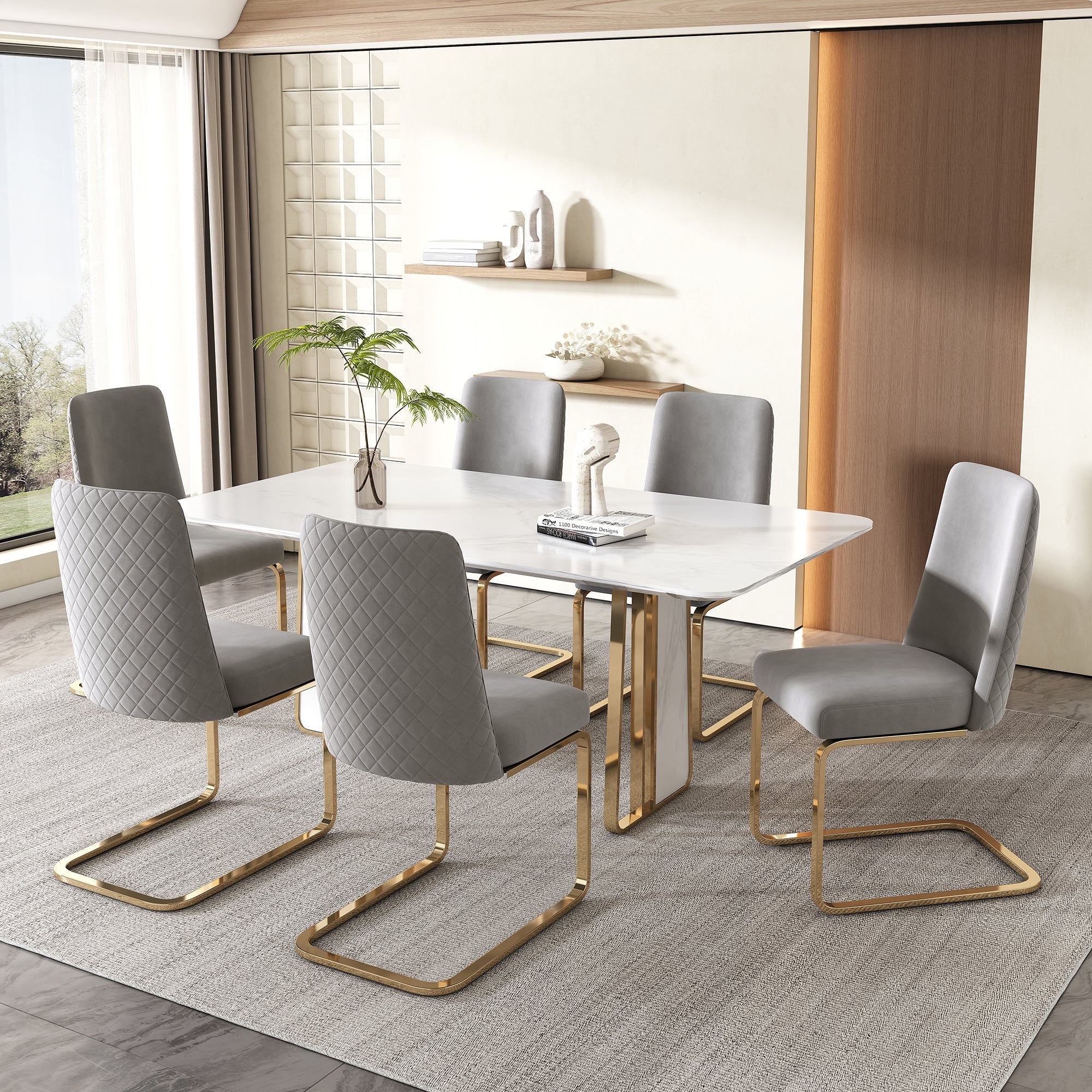 Velvet Dining Chair Set of 4, Diamond Back Design with Gold Metal Legs, Grey