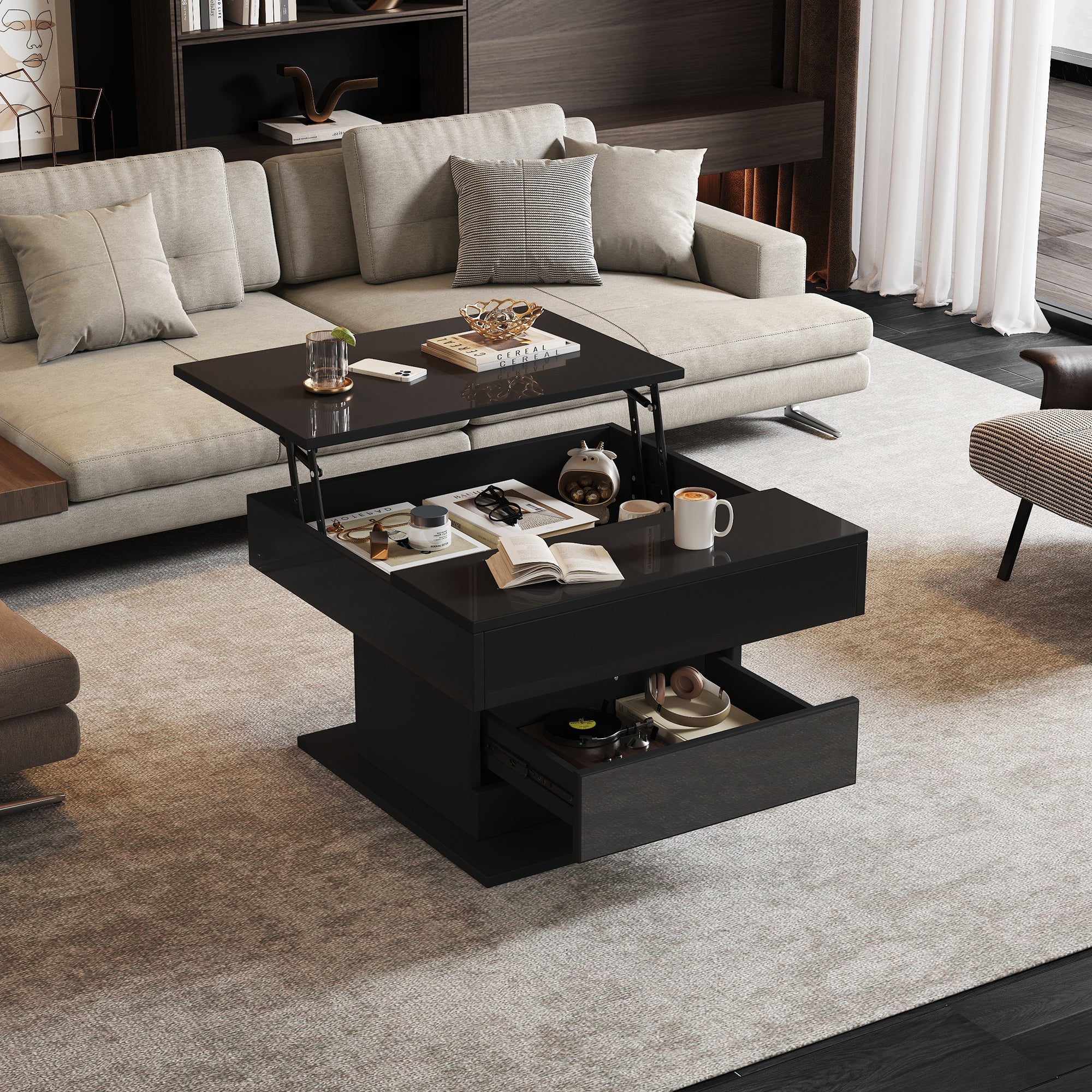 Coffee Table Geometric 360° Swivel Lift-Top 1 Drawer High-Gloss - Black