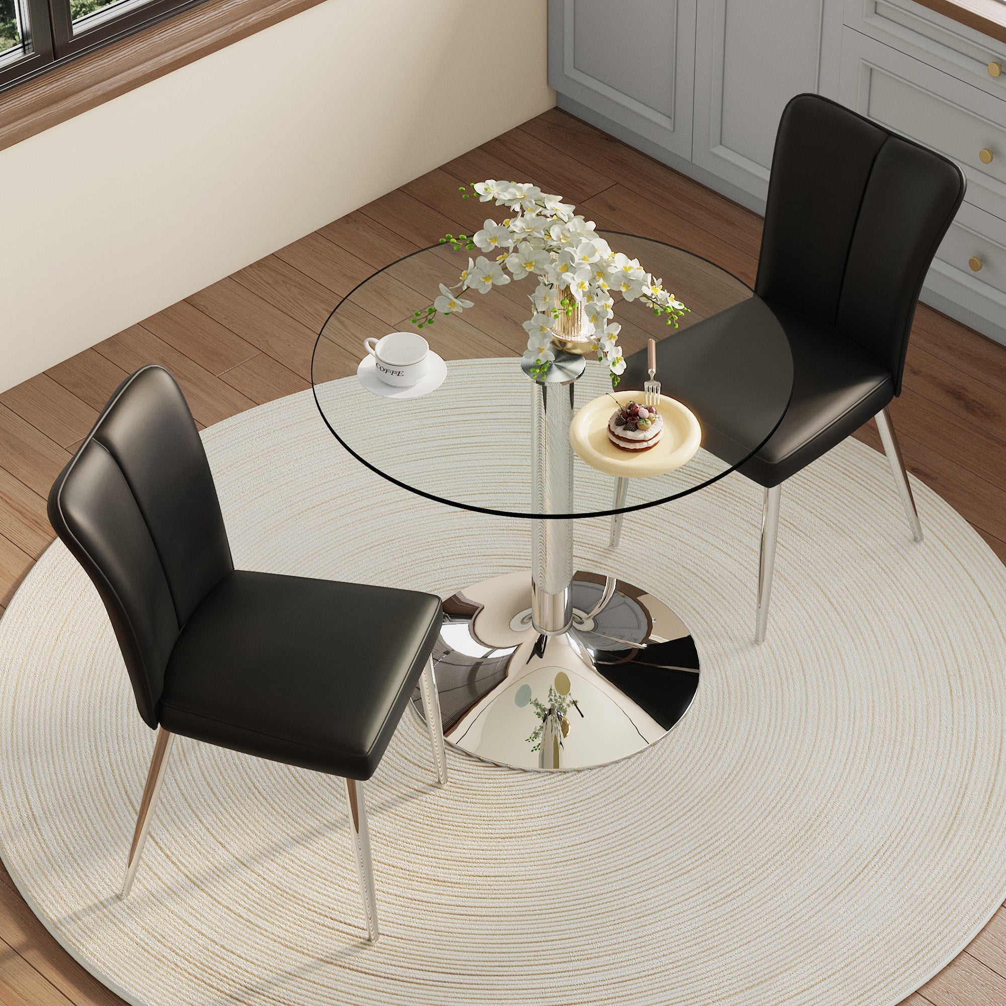 Dining Set Modern Minimalist 85cm Tempered Glass Table 2 PU Chairs - Black