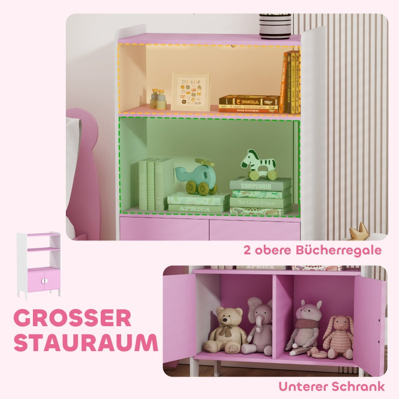 Kinderbücherregal, 2 Ablagen 2 Schränke freistehend, Pink+Weiß MDF