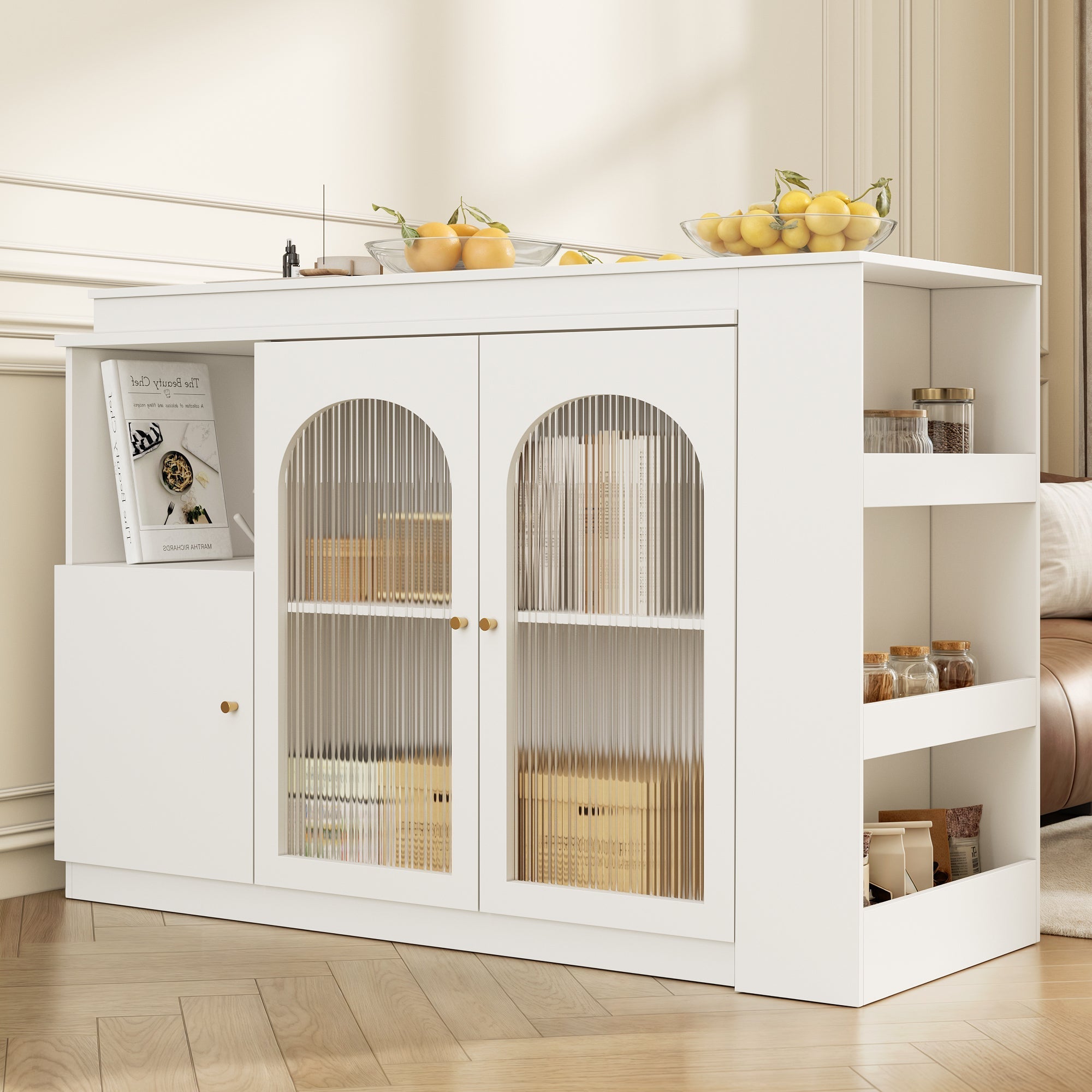 Bar Table, 360° Rotating Dining & Storage Cabinet with Glass Door, White