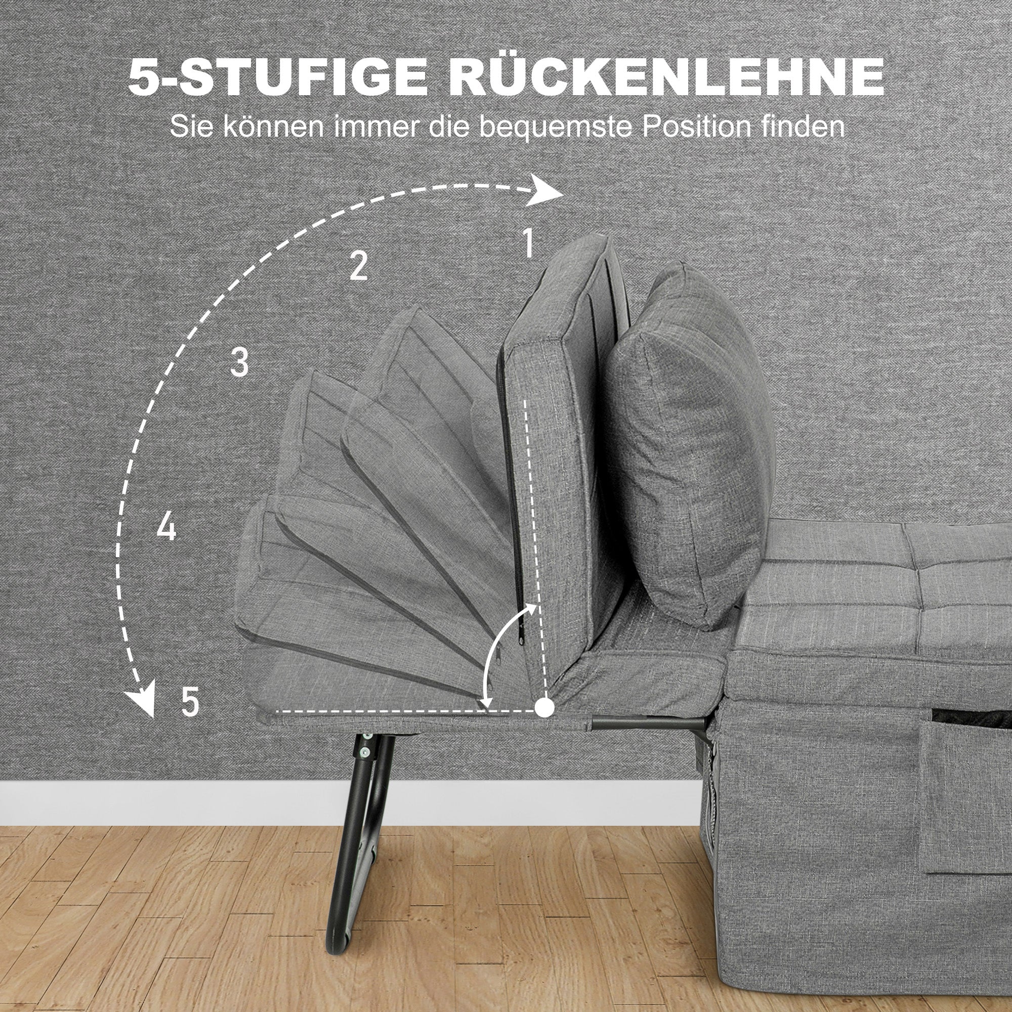4-in-1 Folding Bed Guest Bed Armchair Ottoman, 5-Level Adjustable, Steel Frame