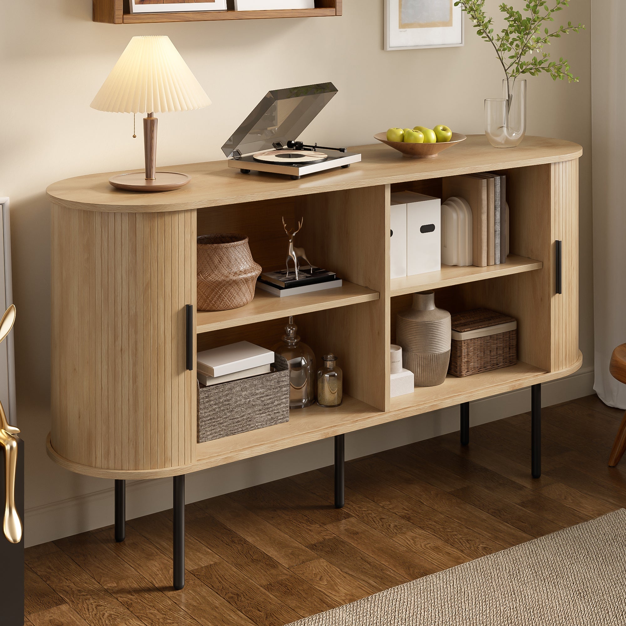 MDF Sideboard, Roller Blind Doors, Aluminum Handles, Iron Legs