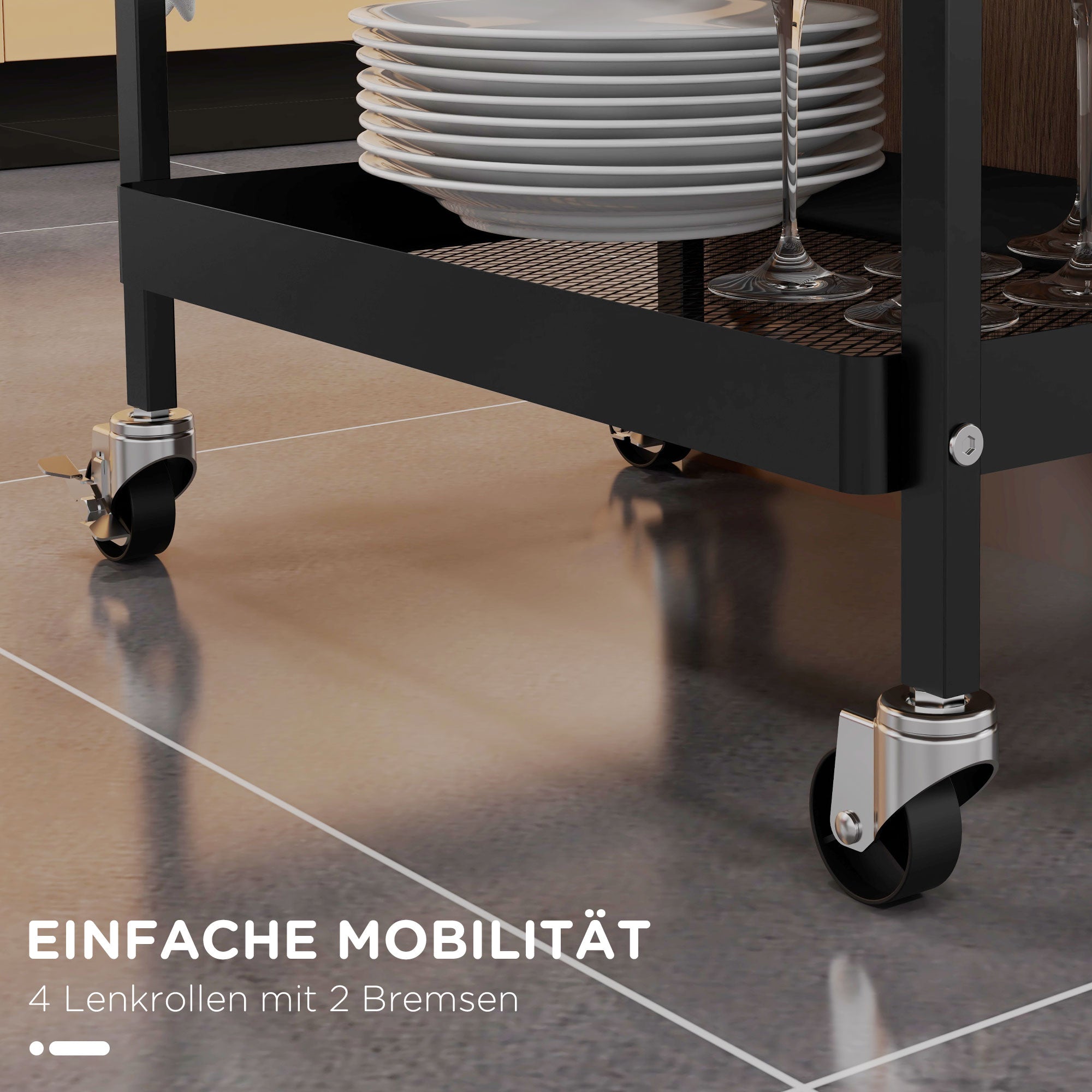 Rolling/Serving/Storage Trolley, 1 Drawer 1 Shelf with Hooks, Steel Black