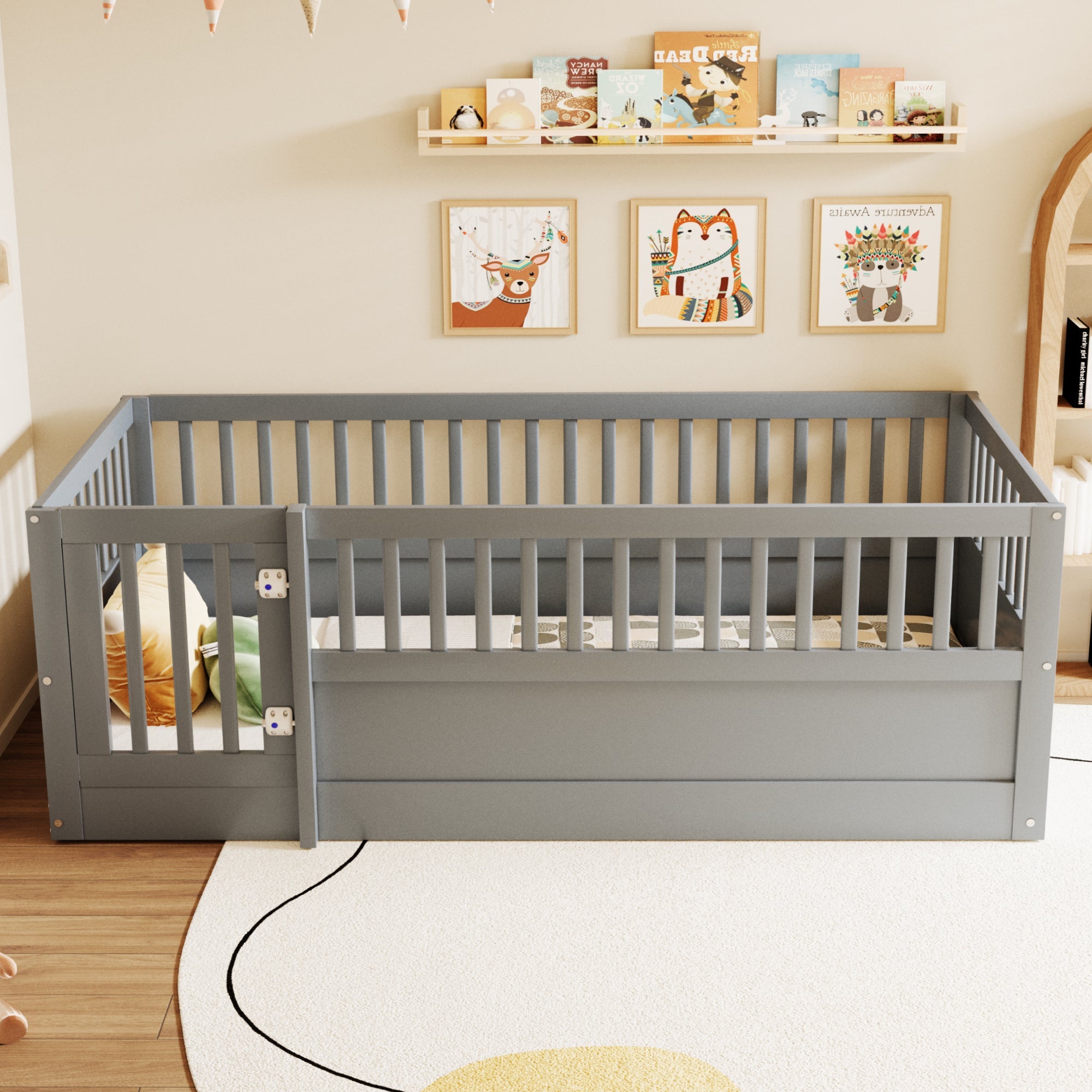 Children's Bed 90x200cm with Railing and Door, Wood, Grey