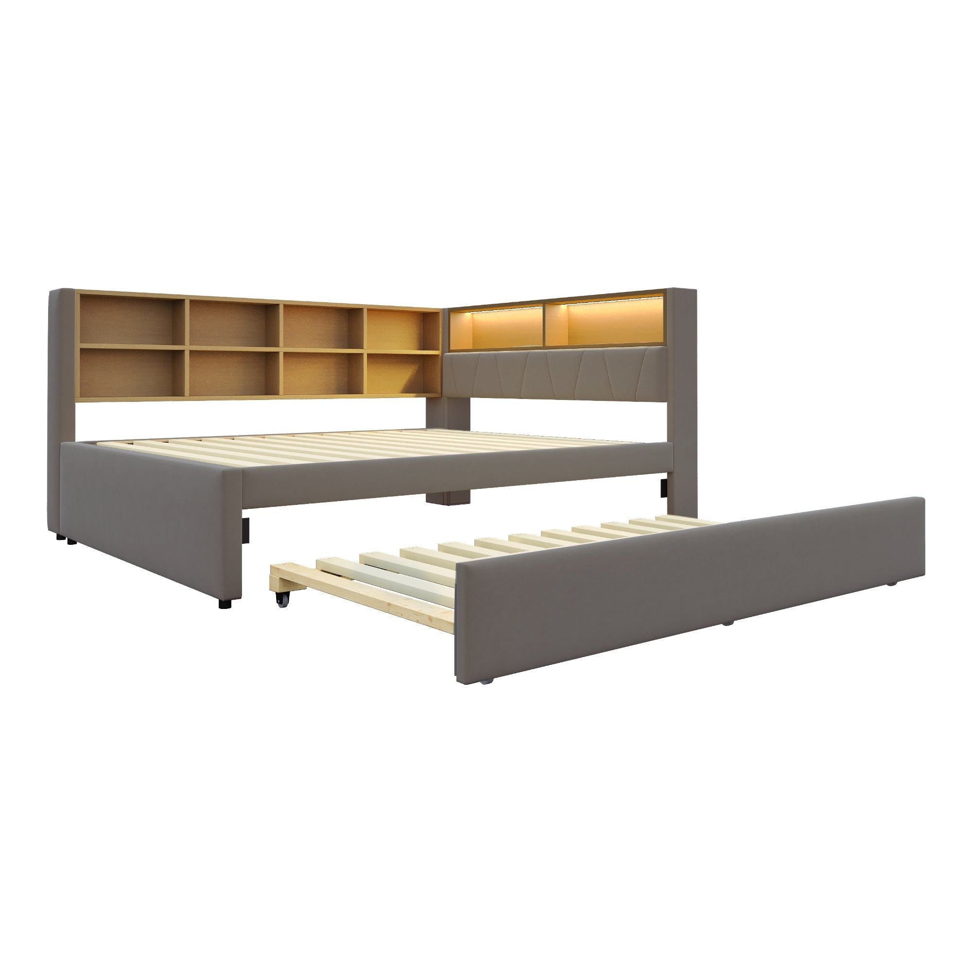 Sofa Bed 140x200 Pull-out LED Storage, Flannel Dark Gray