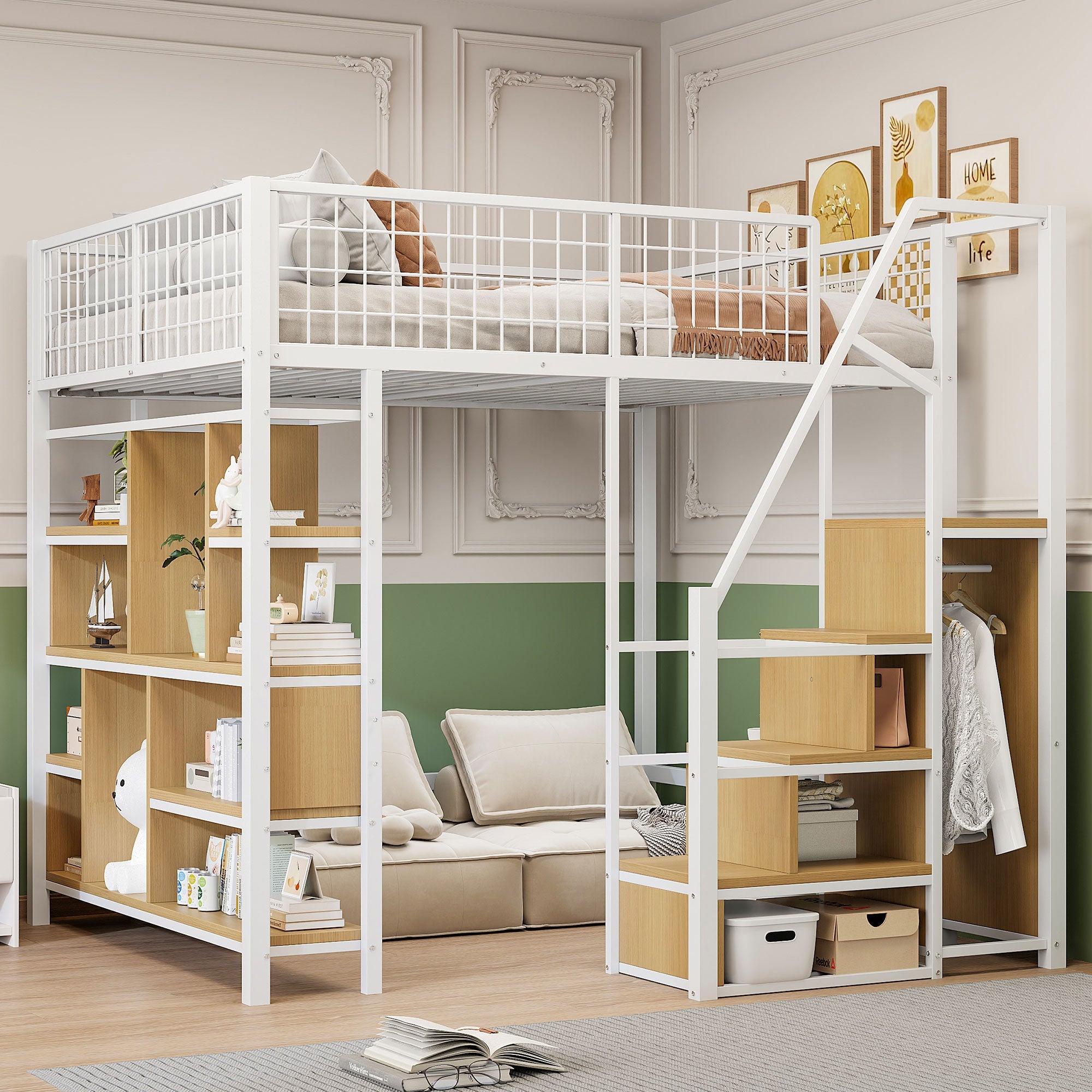 Loft Bed 140x200cm Storage Shelves Stairs - White Metal