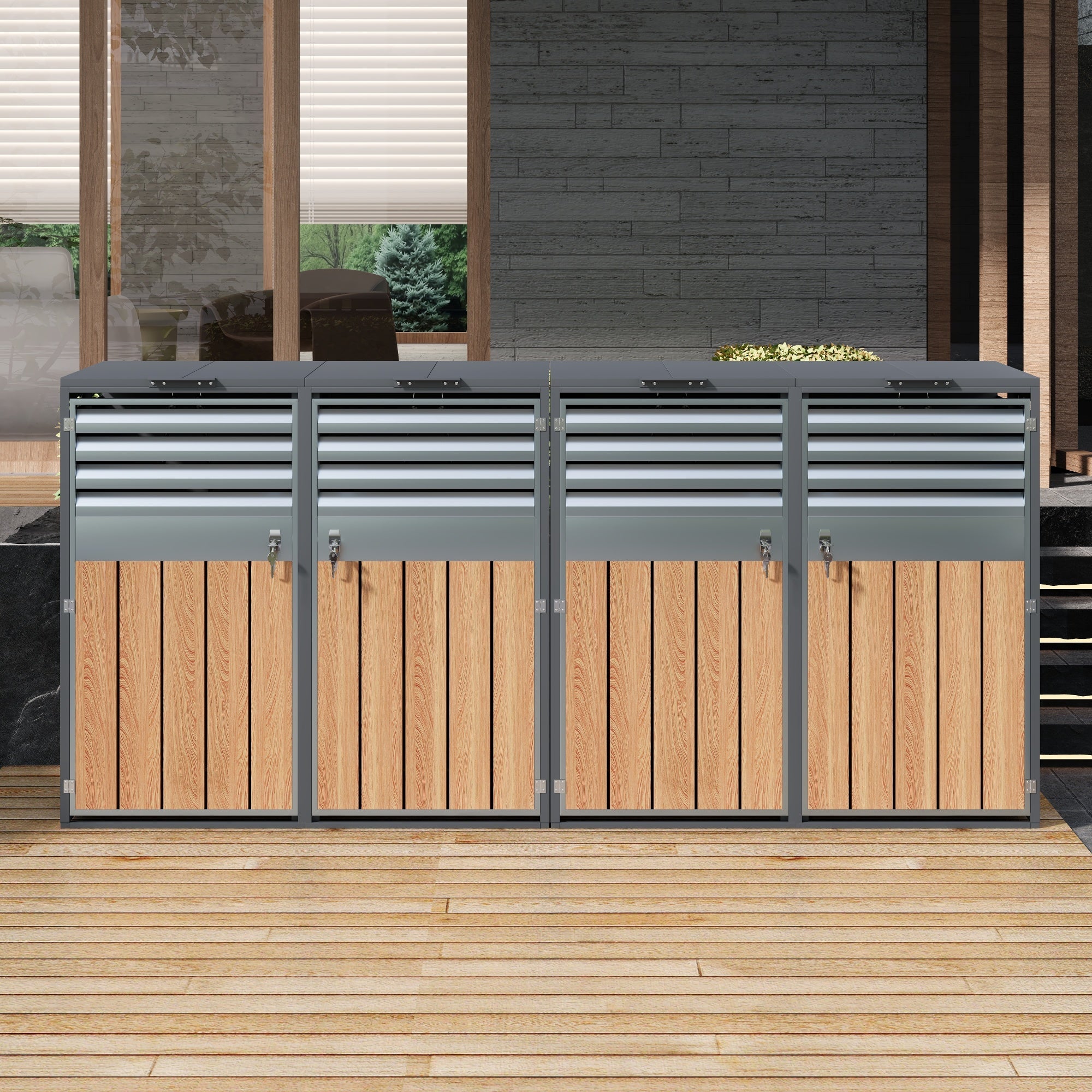 Bin Storage Box with Hinged Lid, Louvered Ventilation and 4 Lockable Doors, Metal