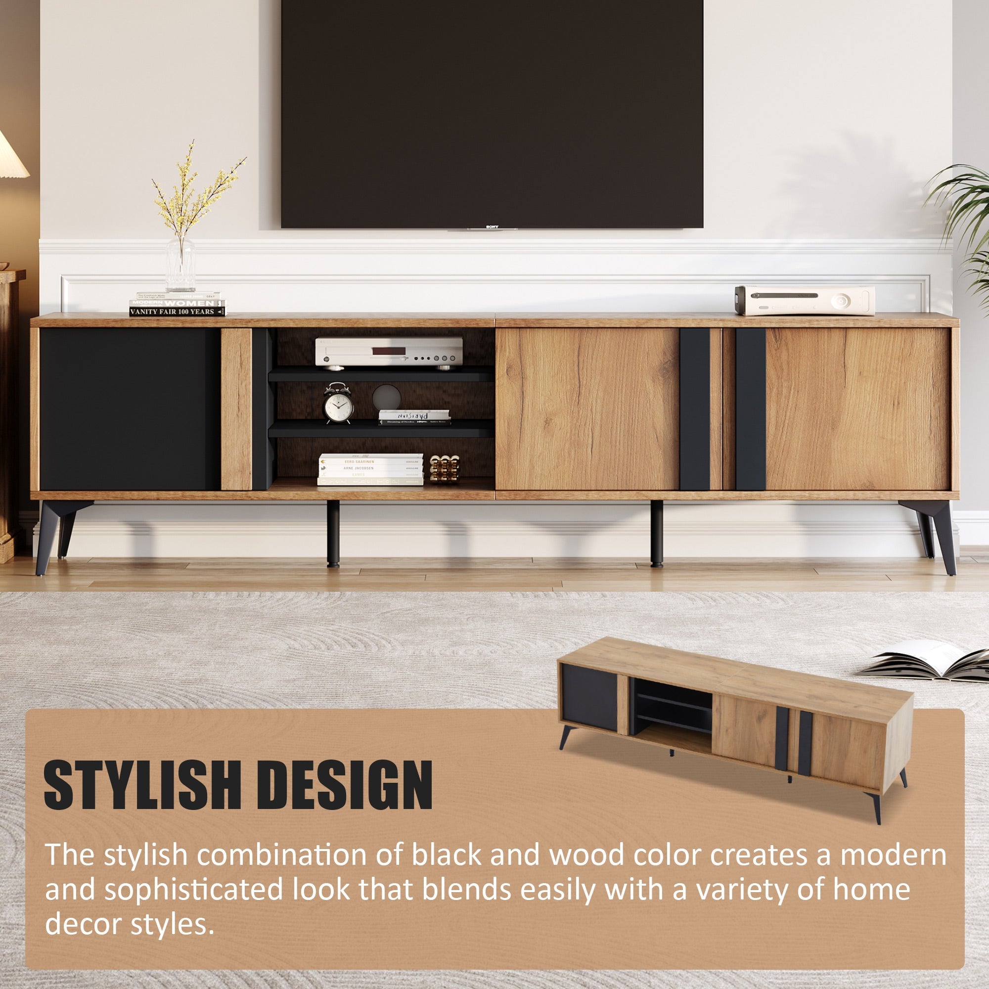 TV Cabinet, Lowboard TV Unit with Door & Open Compartment, 180cm, Rustic Brown