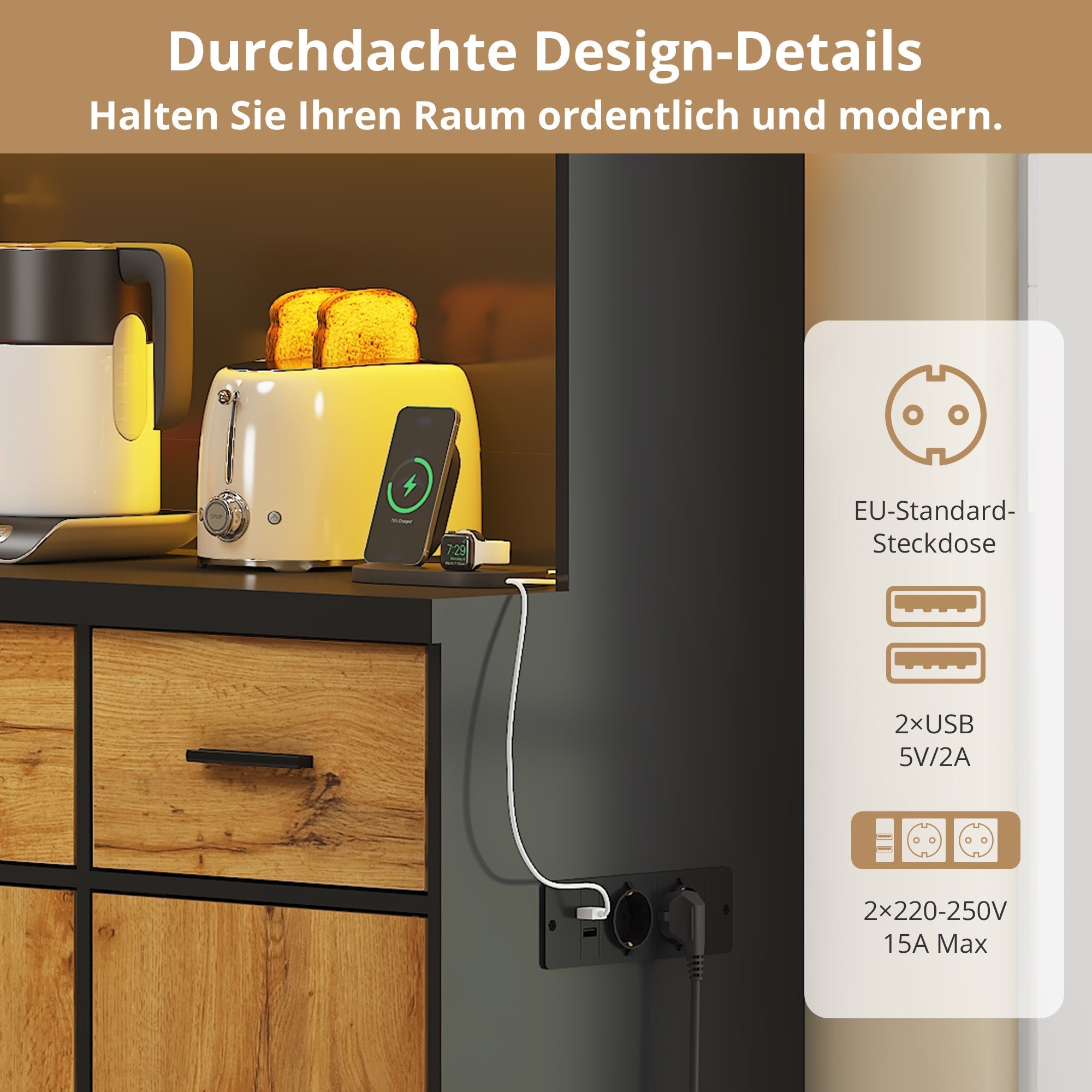 Multifunctional Buffet 100x40x180cm with LED, App Control, Drawers & Power Outlets