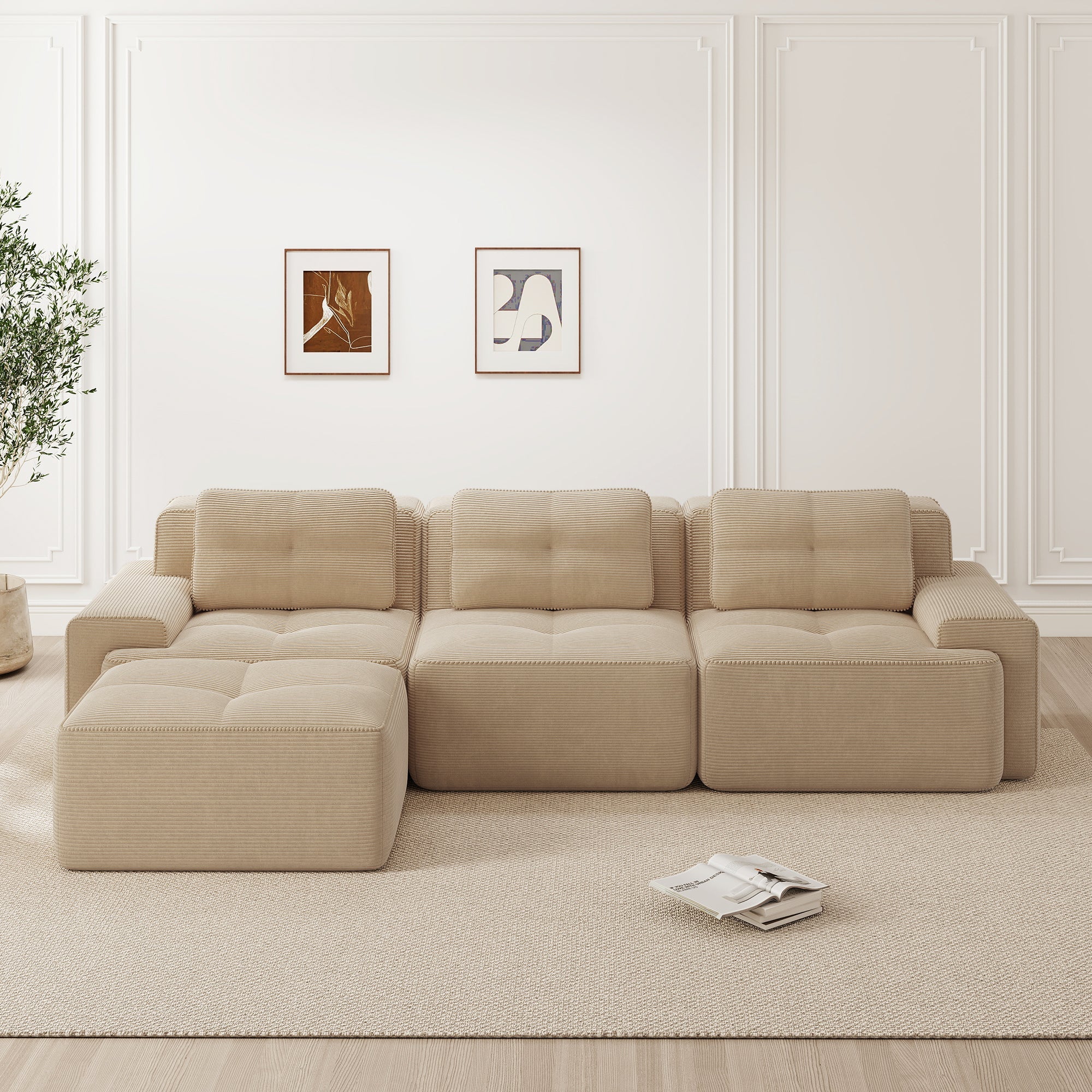Cloud Modular L-Shaped Sofa 3-Seater Ottoman Boneless Corduroy Beige