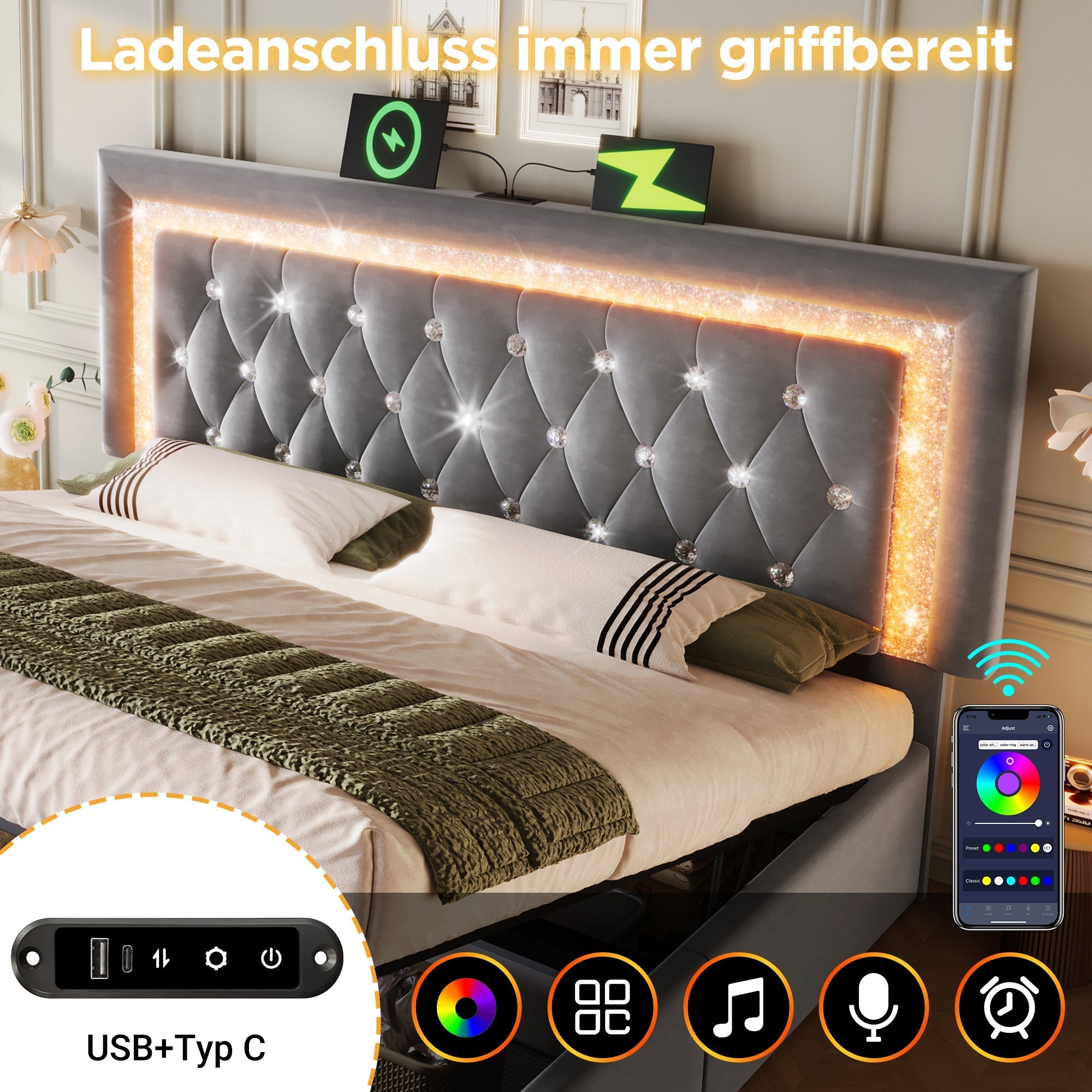 Upholstered Double Bed 140x200cm Hydraulic Storage LED Headboard USB/Type-C Velvet Grey