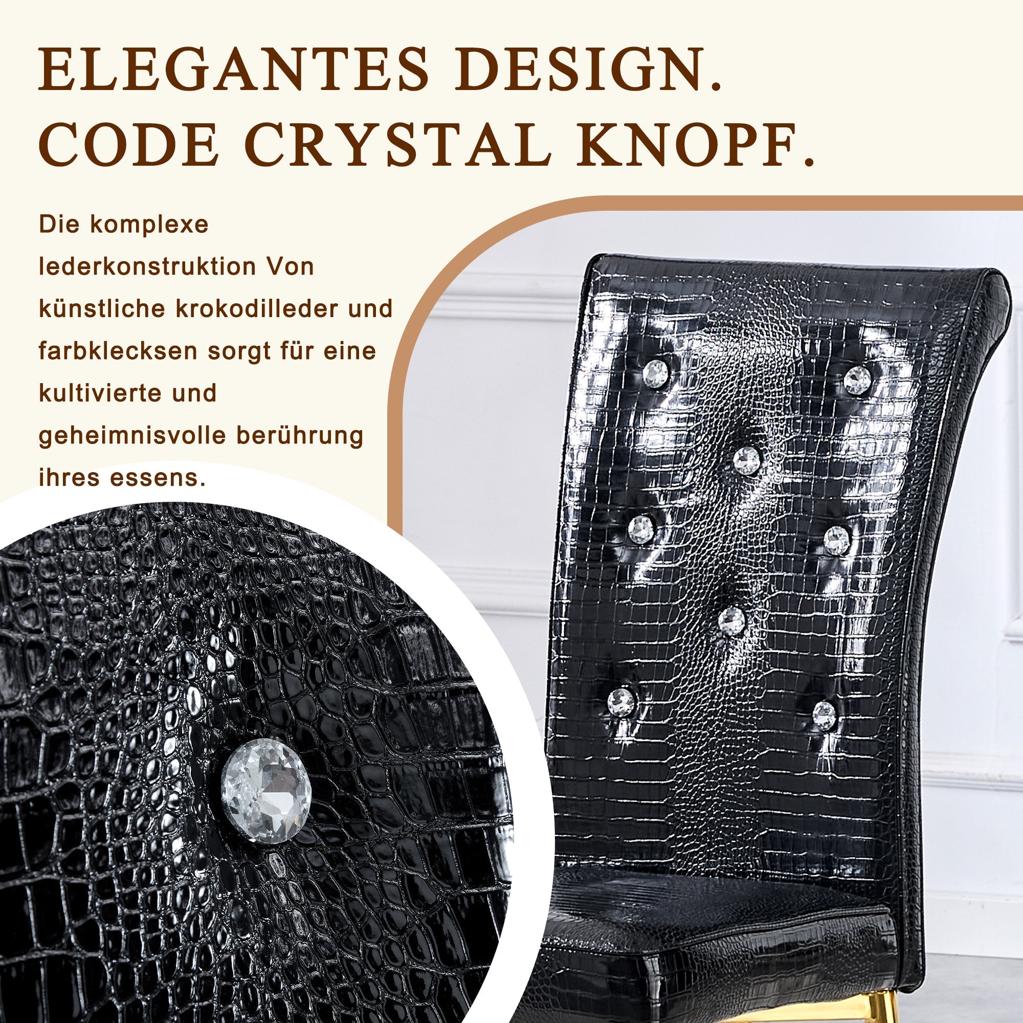 Dining Chairs Set of 2 Retro Upholstered Alligator-Skin Crystal Buckle Gold Legs Faux Leather