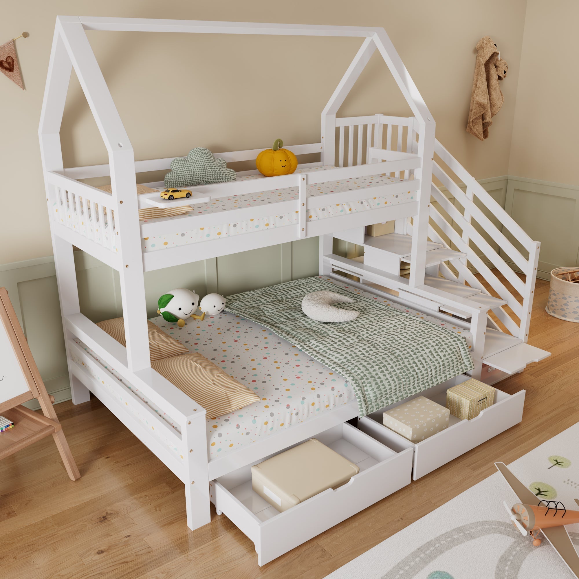 Bunk Bed Children's, Two Drawers Roof Design Safety Railing Stair Cupboard, 90x200cm & 140x200cm, Pine + MDF + Plywood White