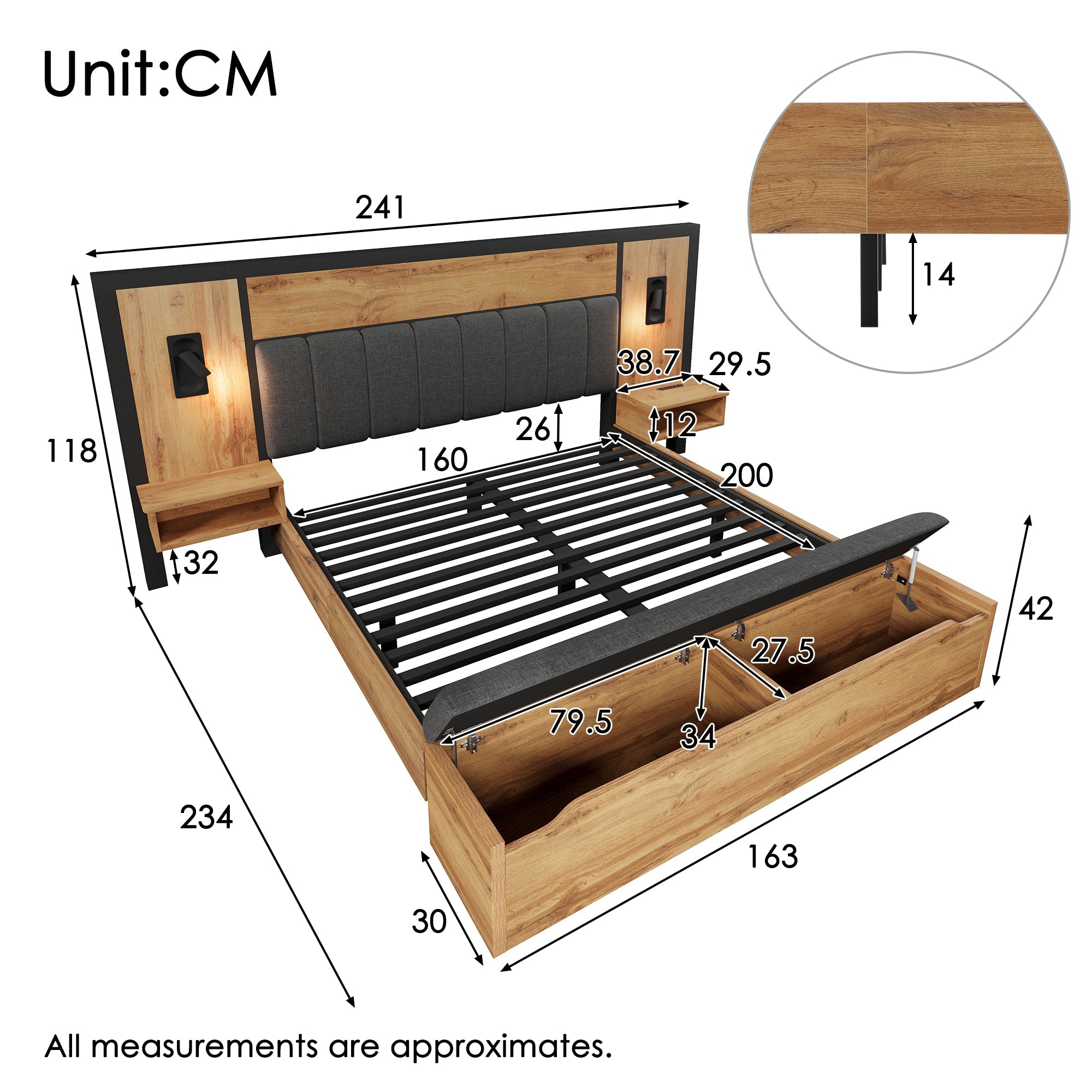 Double Bed Upholstered 160×200, Reading Lamp USB C Storage Bench, Oak Wood and Linen
