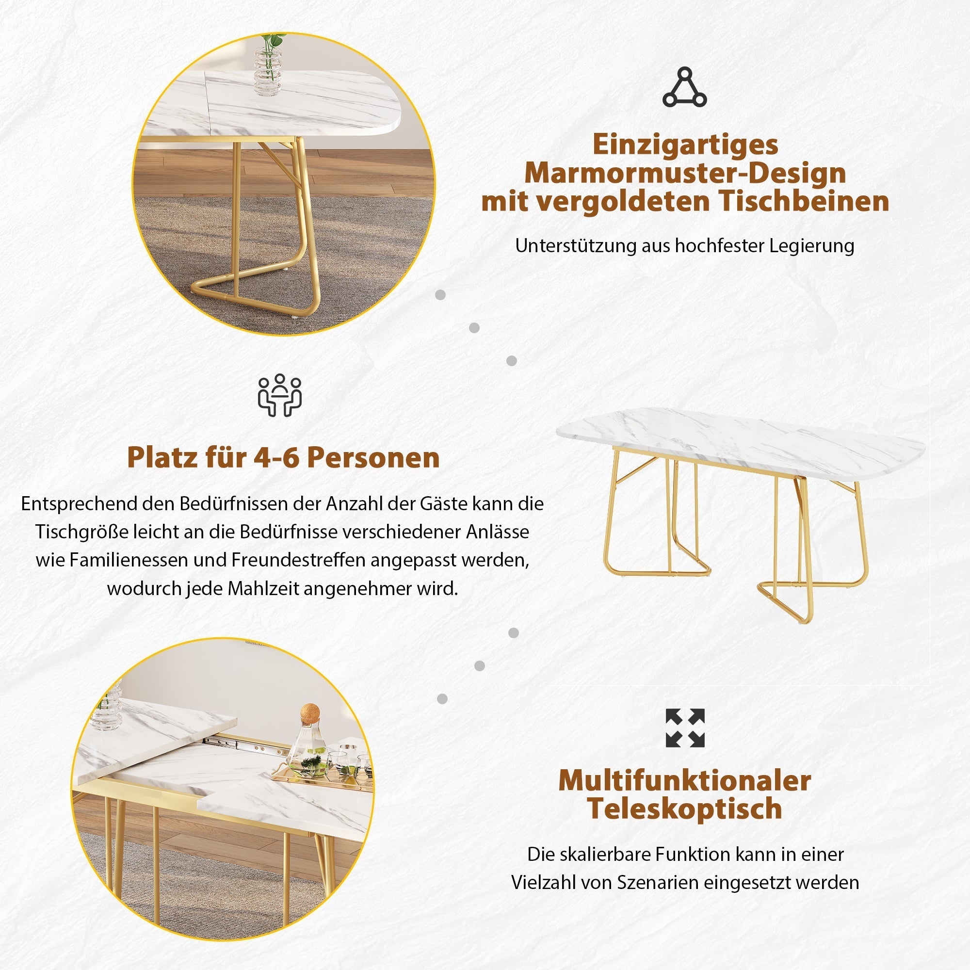 Extendable Dining Table Marble Top 140/180x80cm Gold Metal Legs - White