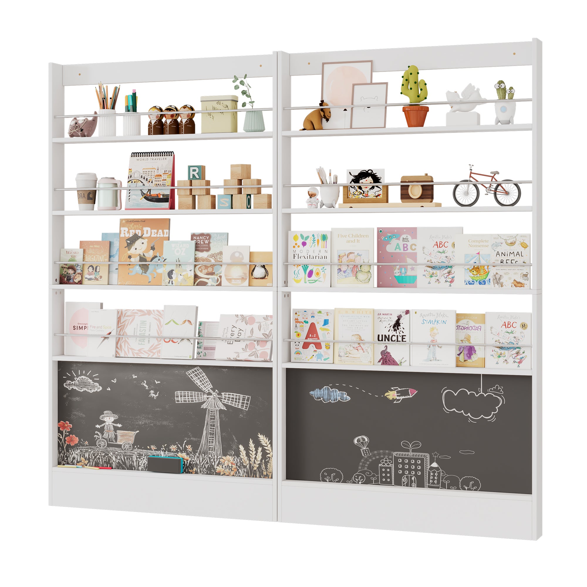 Picture Book Shelf, 2-Piece Set, 4-Tier Storage with Paintable Blackboard