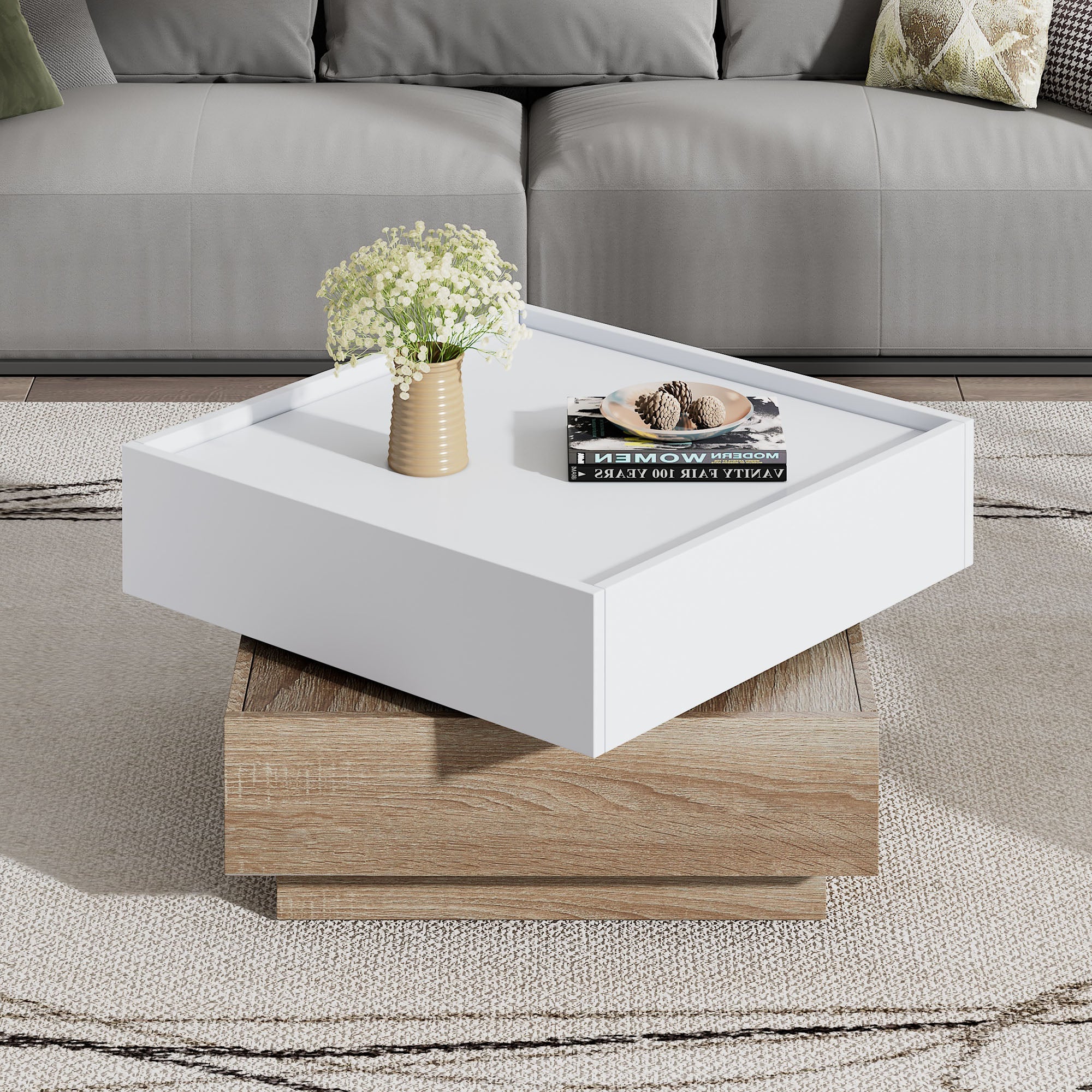 Functional coffee table, 360° rotatable with 2 levels storage, walnut frame white
