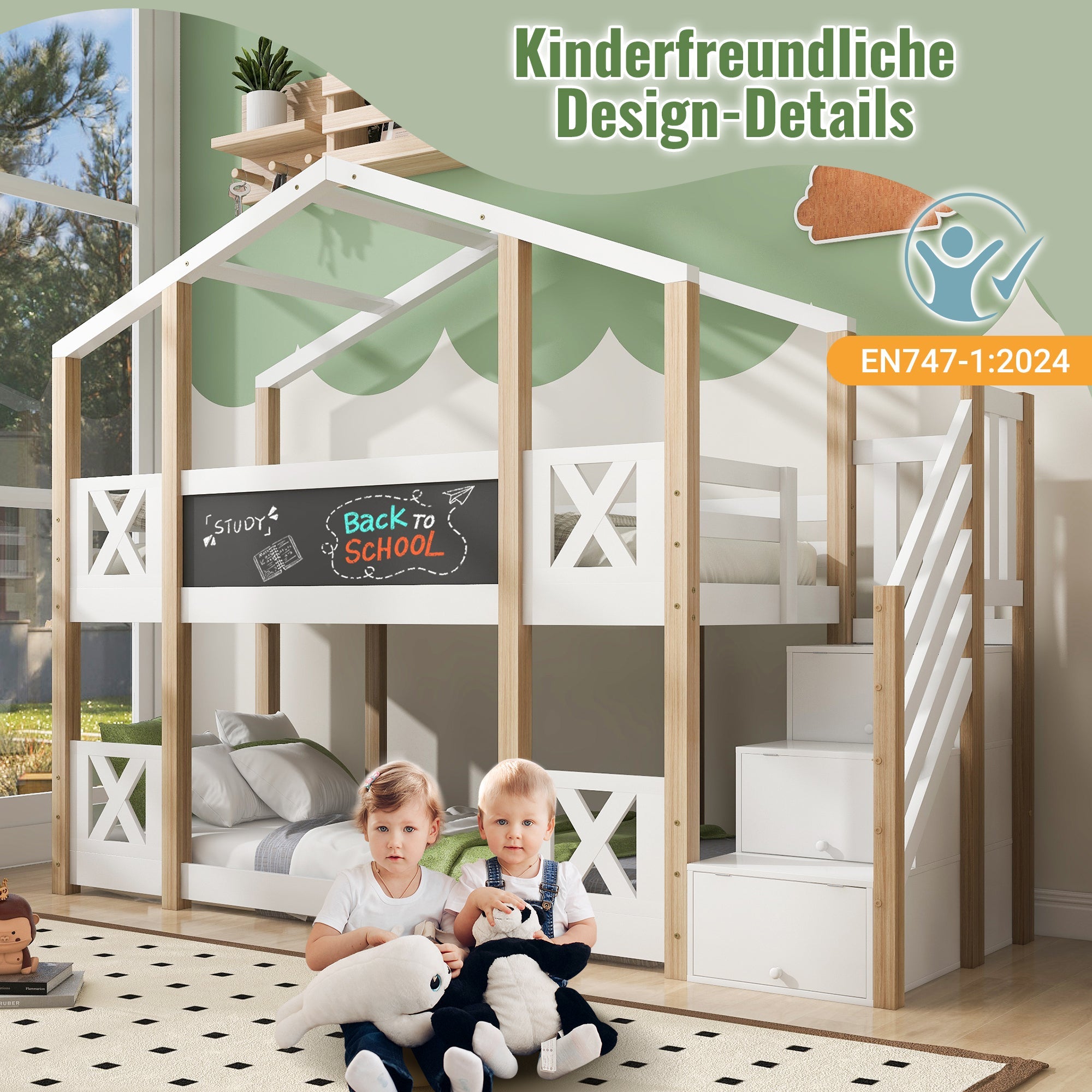 Bunk Bed 90x200cm Tree House Loft with Stairs & Fall Protection, Natural & White
