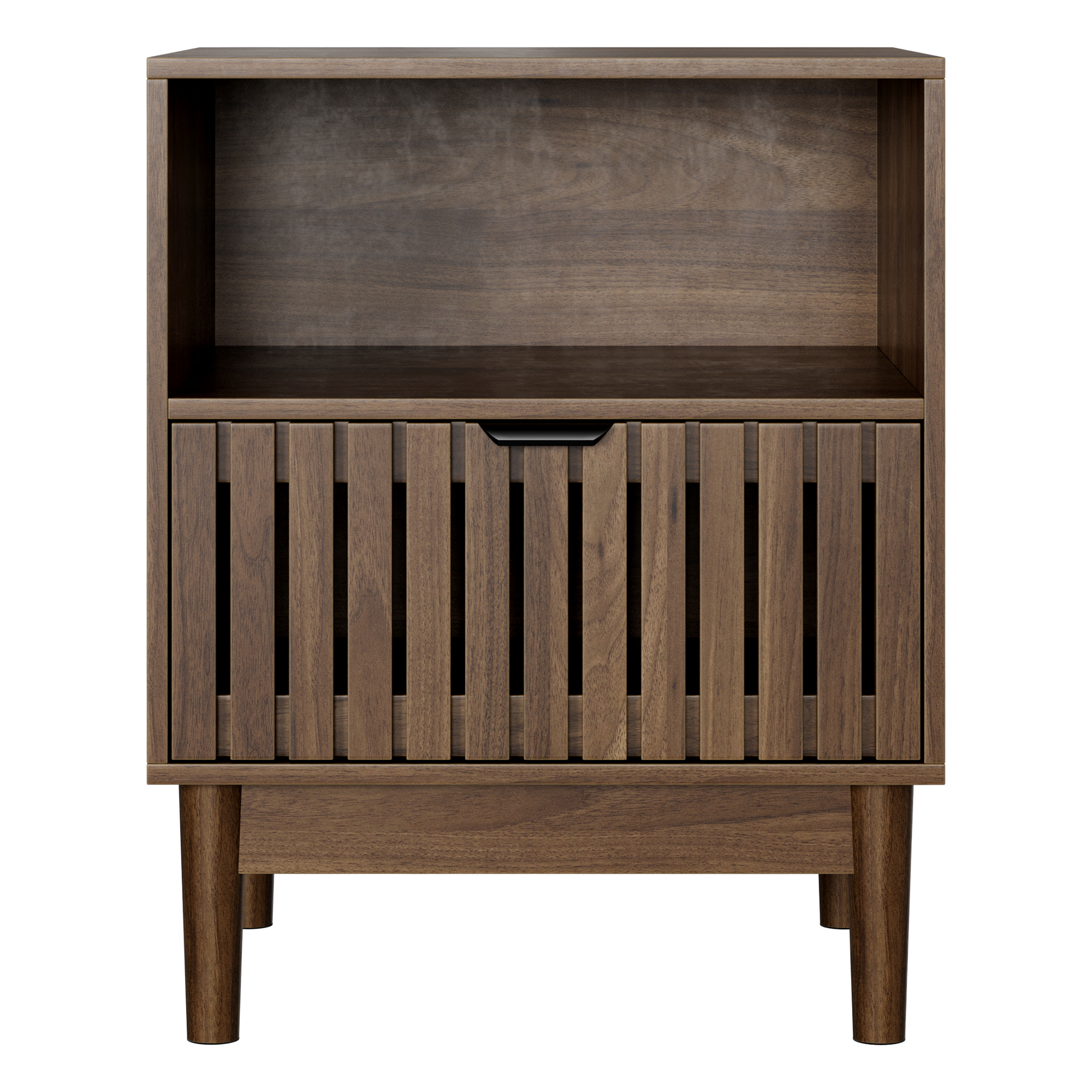 Modern Nightstand with Slatted Base and Drawer, 45x39x56.5cm, Walnut Wood Color