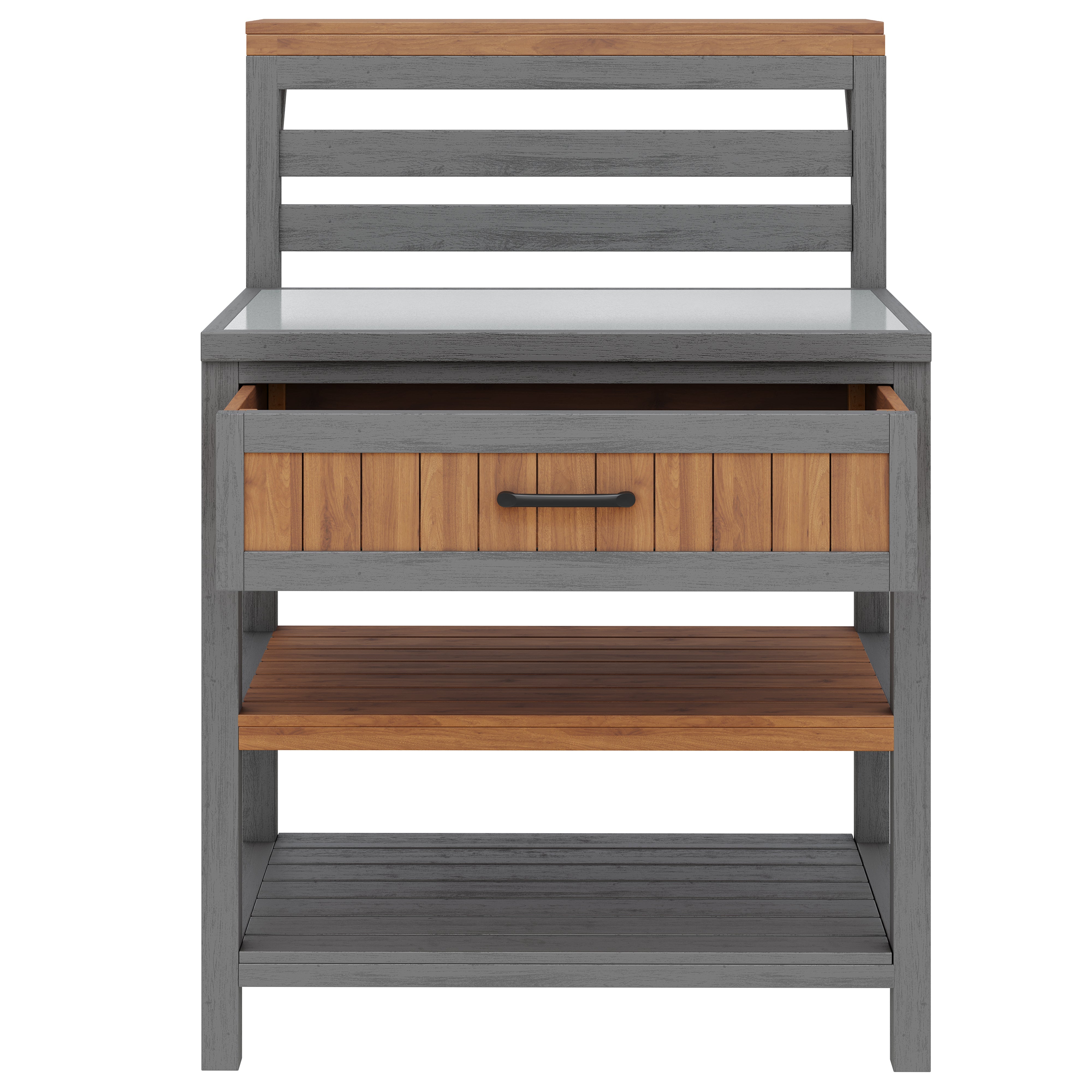Outdoor Garden Cabinet with Stainless Steel Worktop and Large Drawer, Weatherproof Wood
