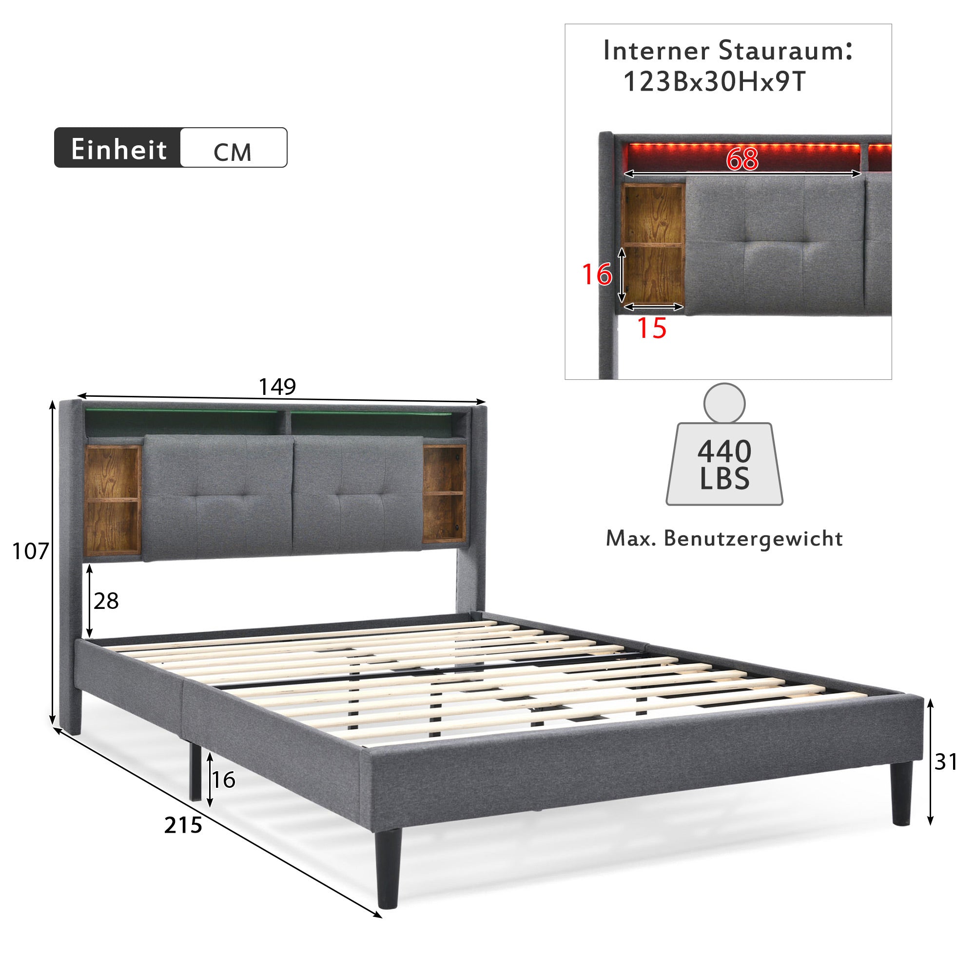 Upholstered Double Bed with Storage Headboard, USB & LED, Wooden Slats, Grey