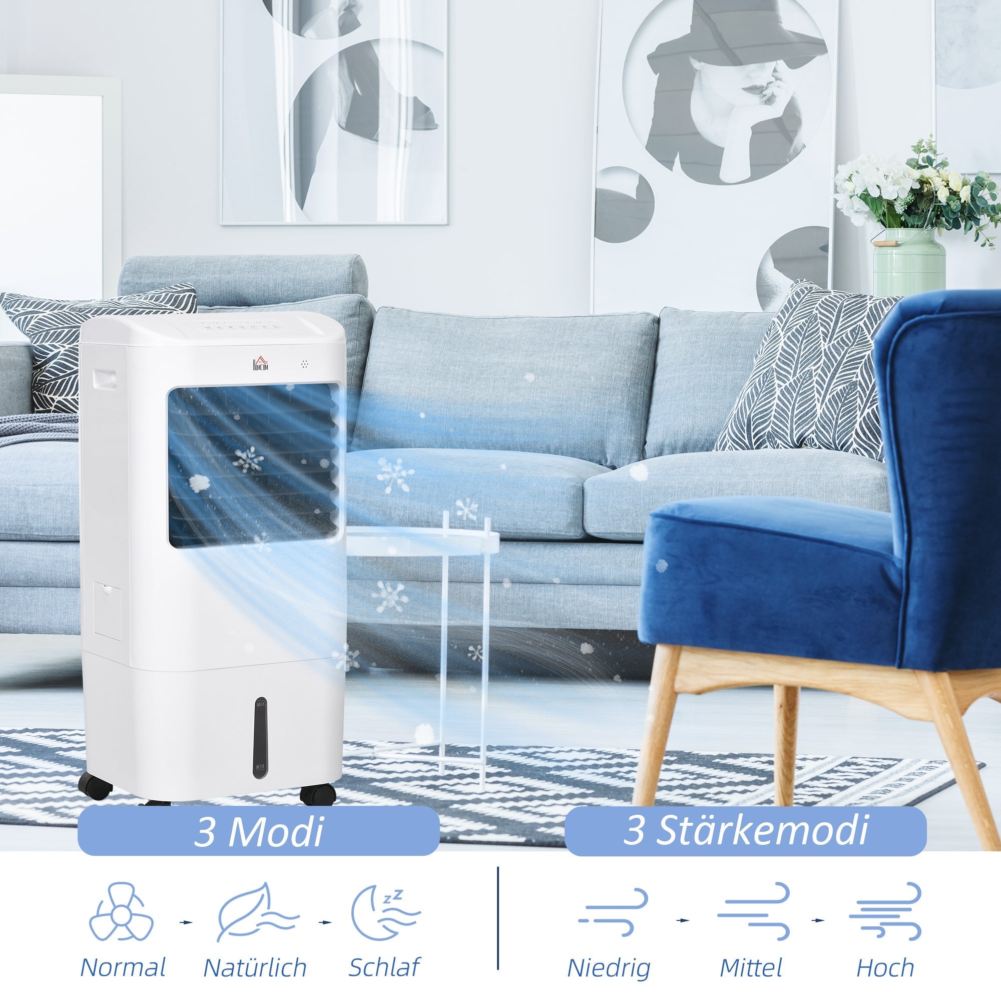 3-in-1 Portable Air Conditioner Humidifier Water Cooling 15L White