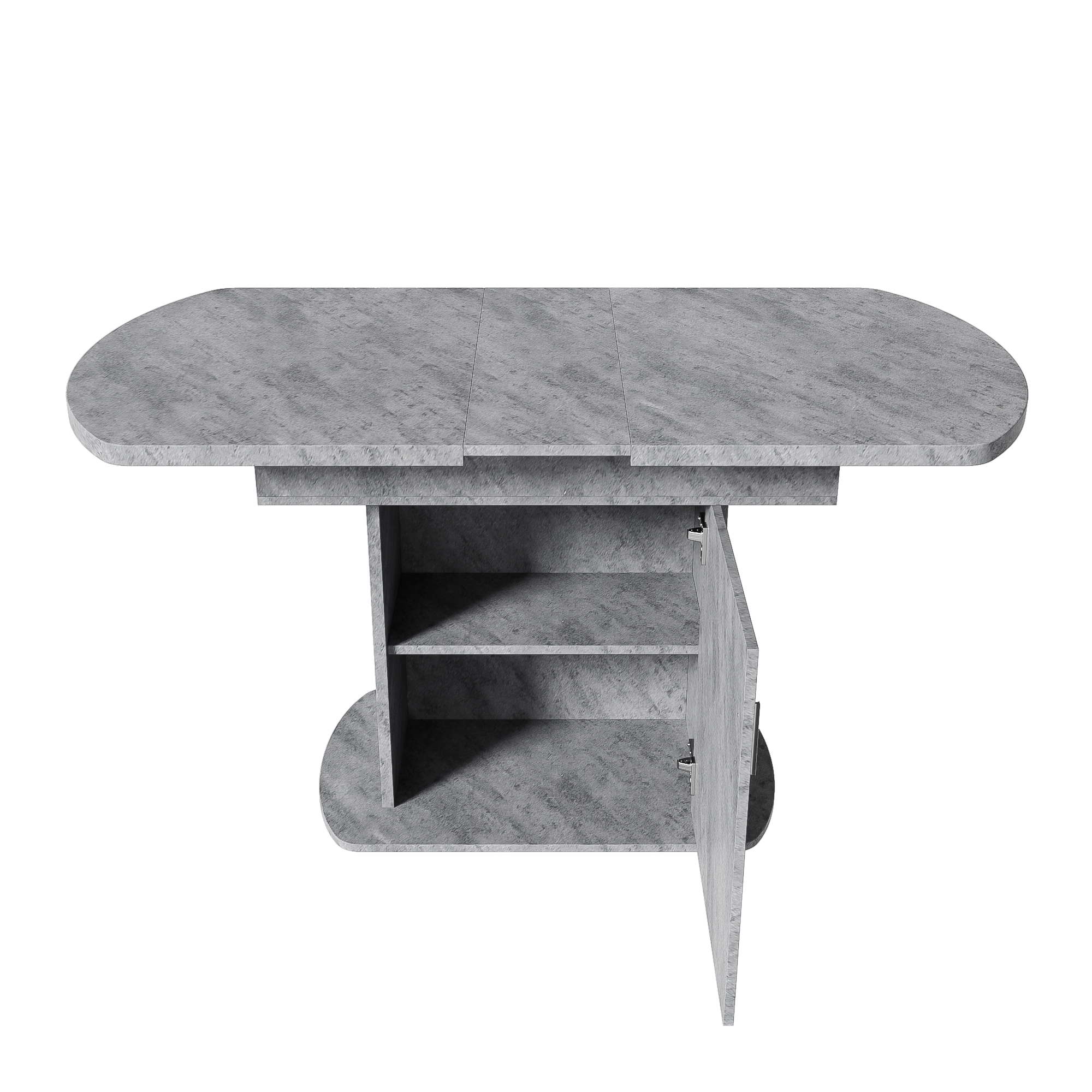 Extendable Oval Dining Table with Storage and Minimalist Design, Concrete Look and Silver Handle