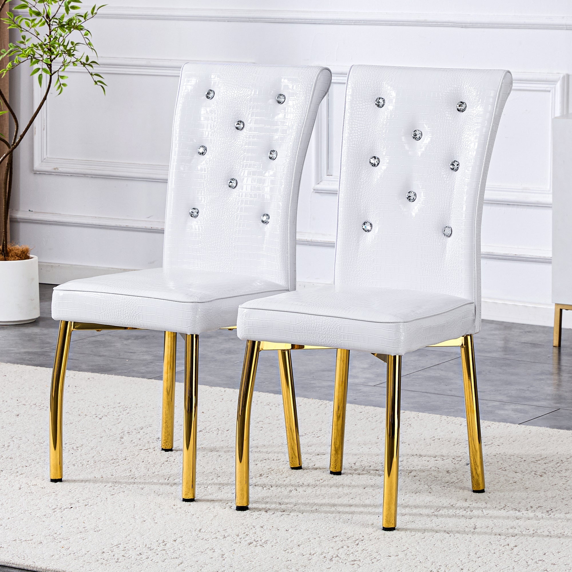 Set of 2 Dining Chairs Retro Alligator-Skin Crystal Buckle Gold Legs - Faux Leather