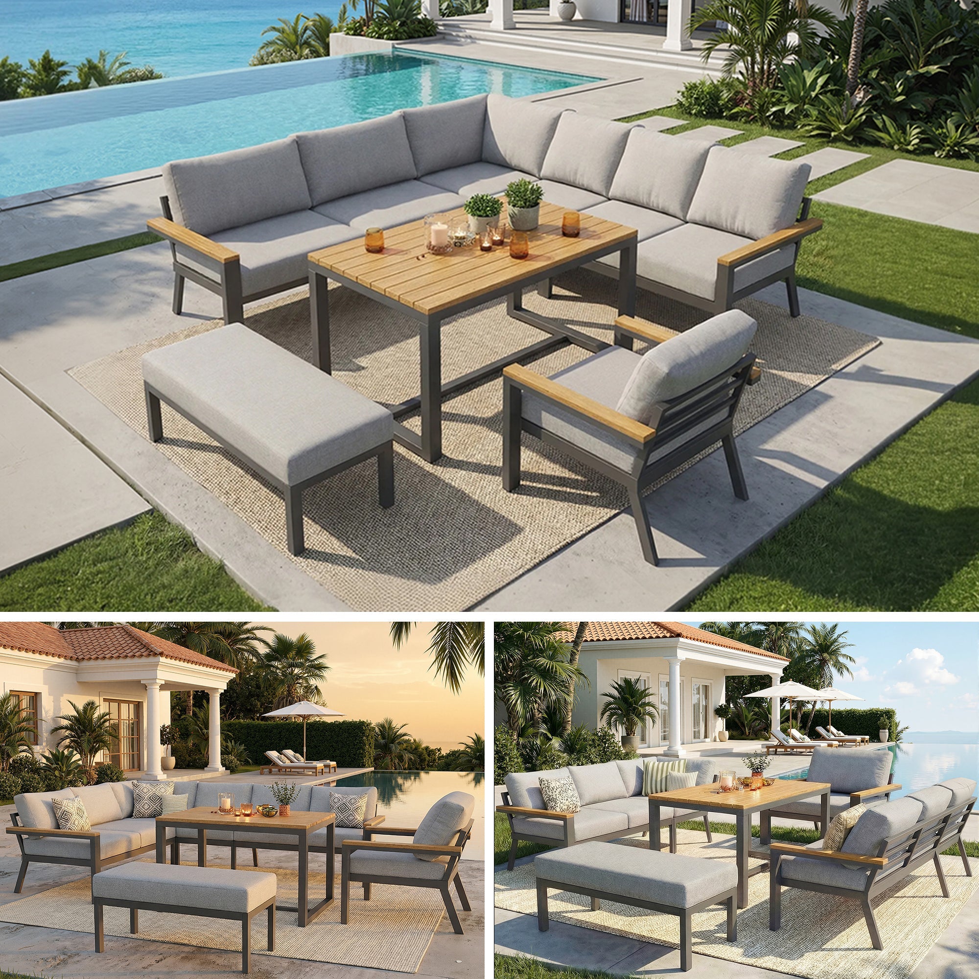 L-Shaped Garden Sofa Set 8-Person Iron Frame Wood Table - Grey Cushions