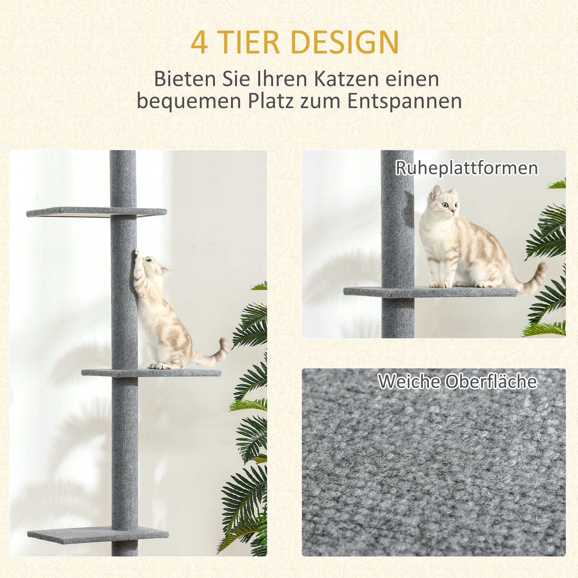 Cat Tree, Height-Adjustable Ceiling-High Climbing, Gray