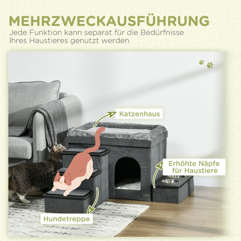 Cat House with 3 Pet Stairs & 2 Food Bowls, Grey