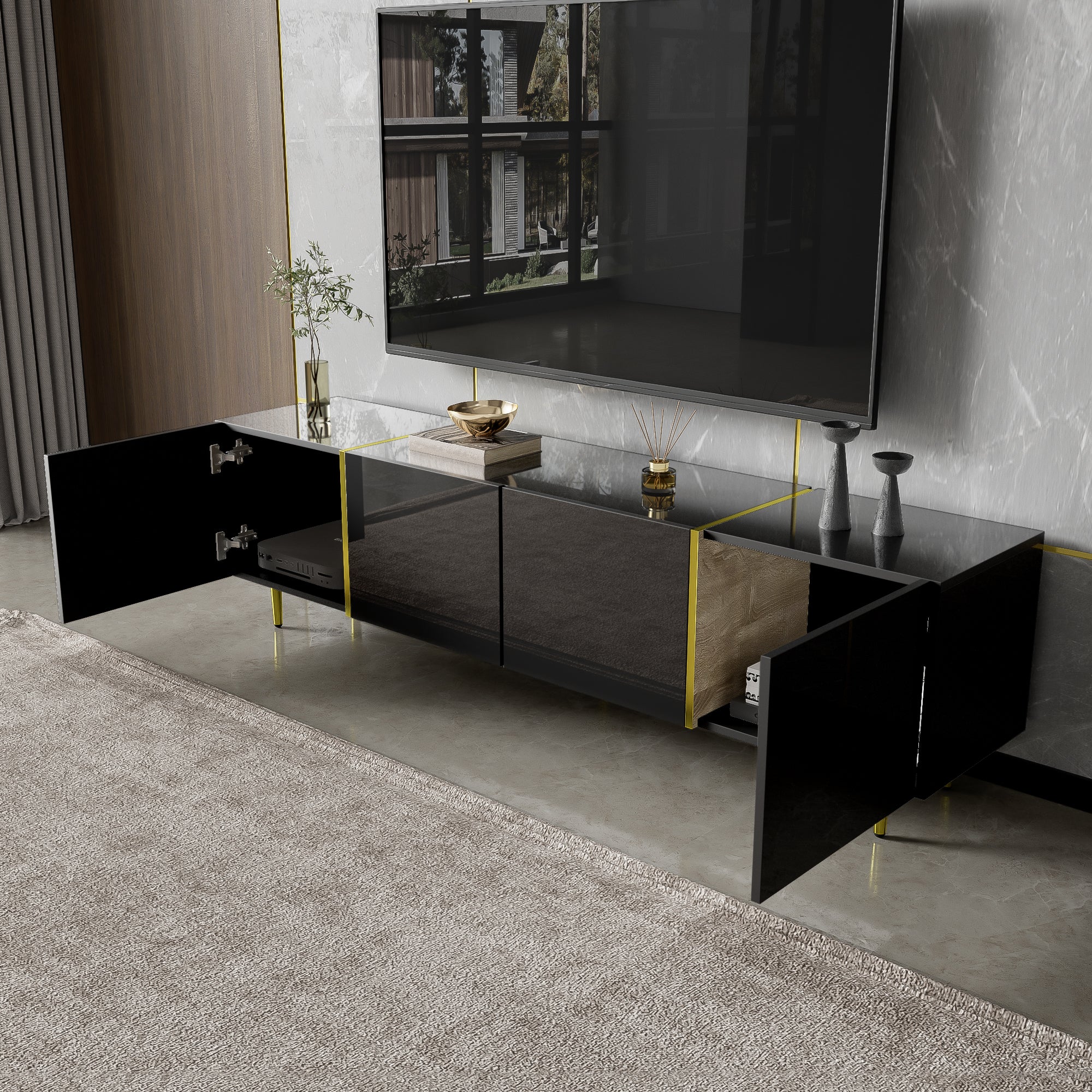 TV Cabinet, Modern 4-Door, High-Gloss Black and Gold