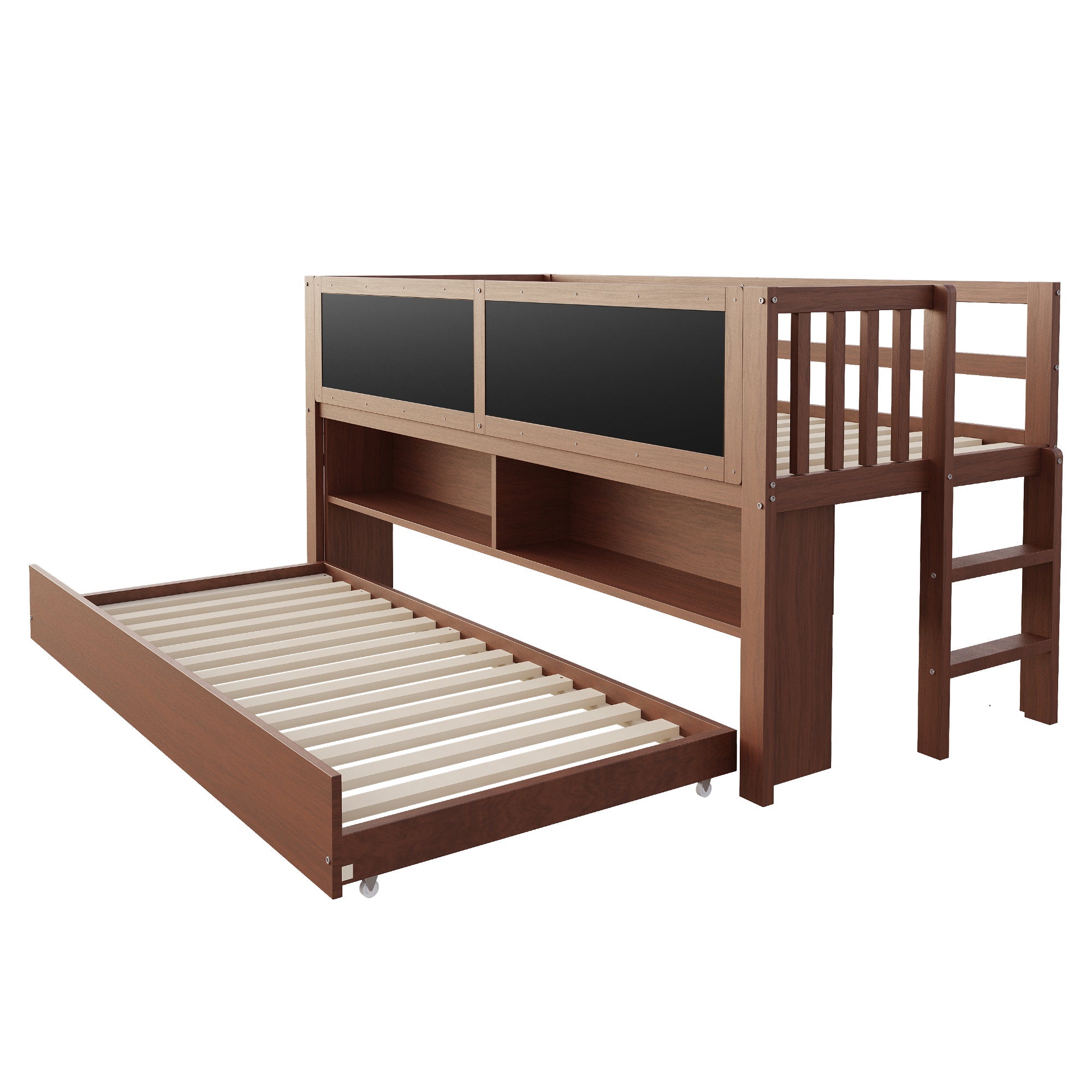 Extendable House Bed 90x200cm with Chalkboard, Storage & Climbing Ladder - Solid Wood Brown