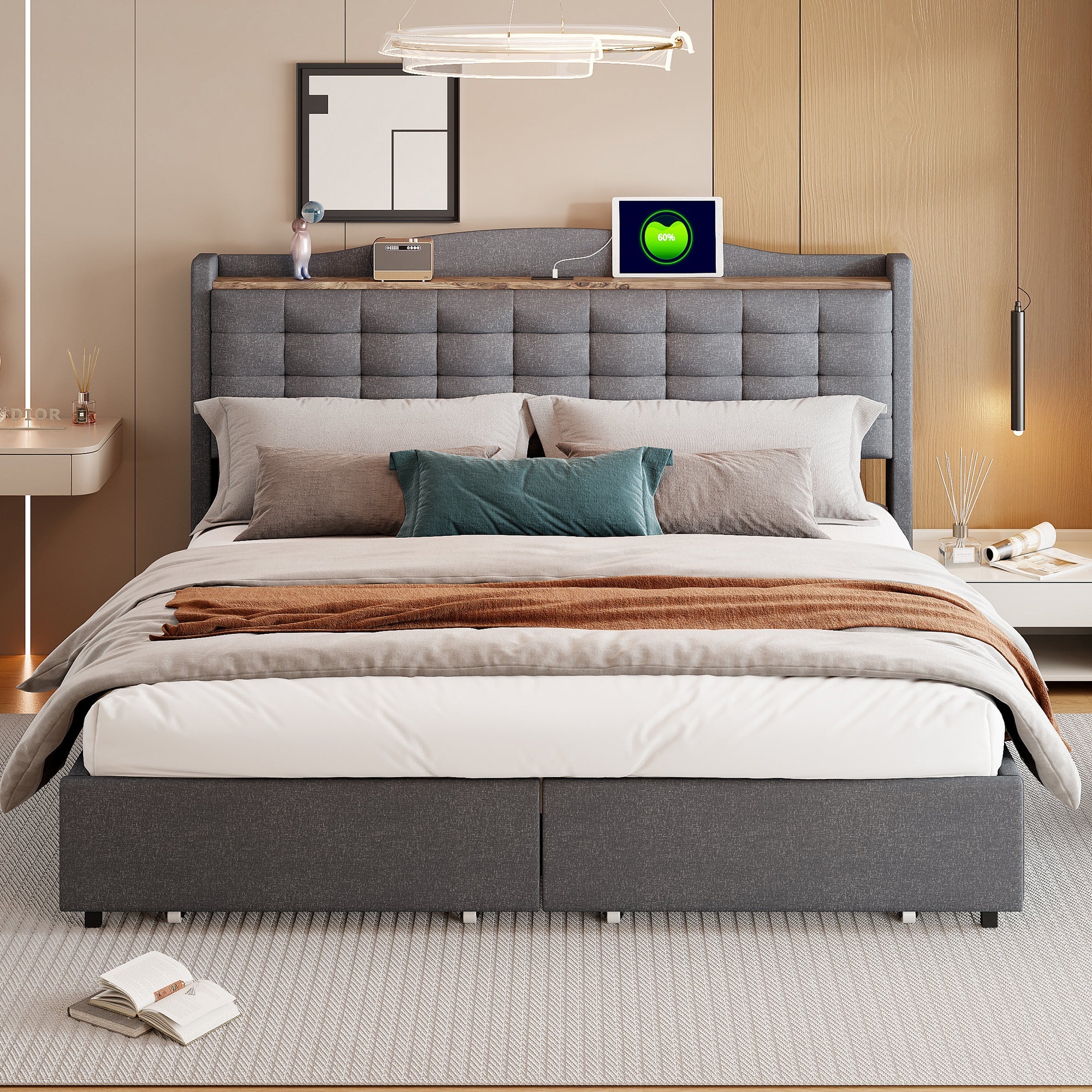 Upholstered Bed 160*200 cm, with USB Charging Bedside Table and 4 Drawers, Gray Linen Fabric