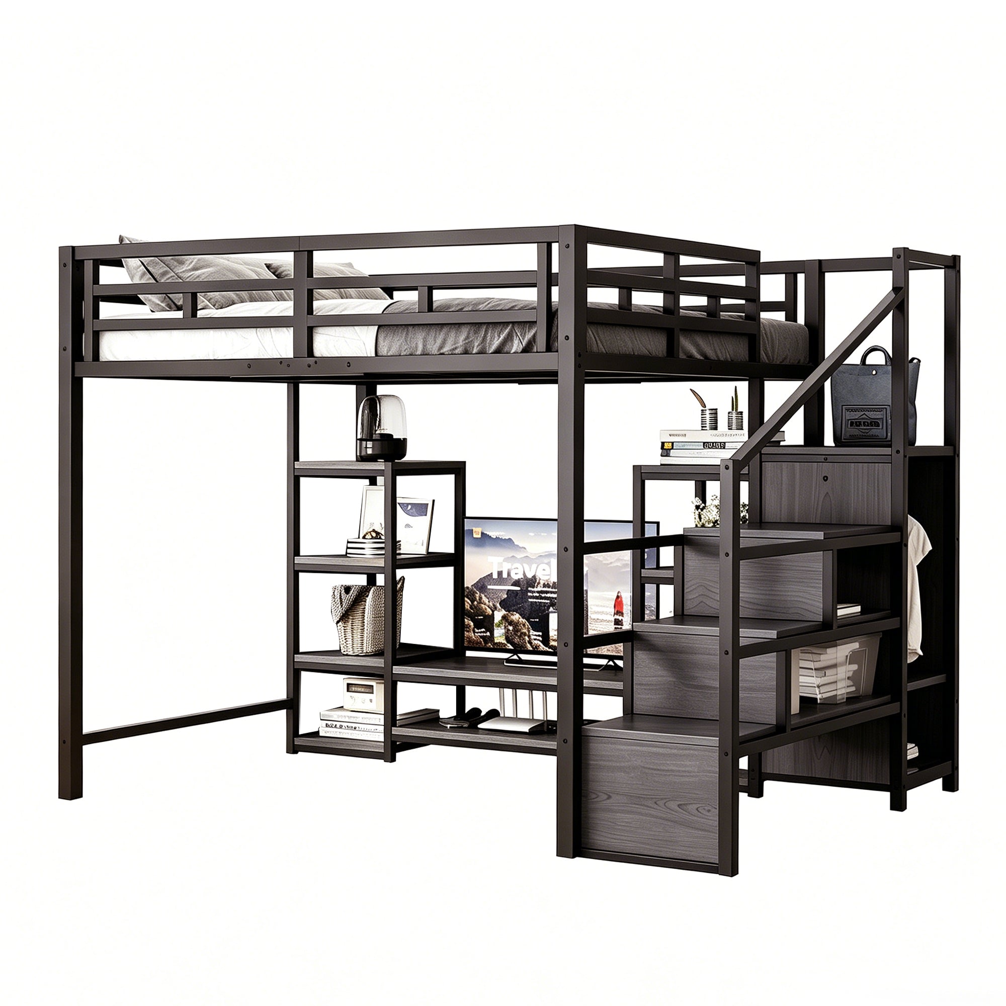 Loft Bed with TV Stand, Power Outlet and Safety Ladder, 140x200cm, Black Metal and Wood