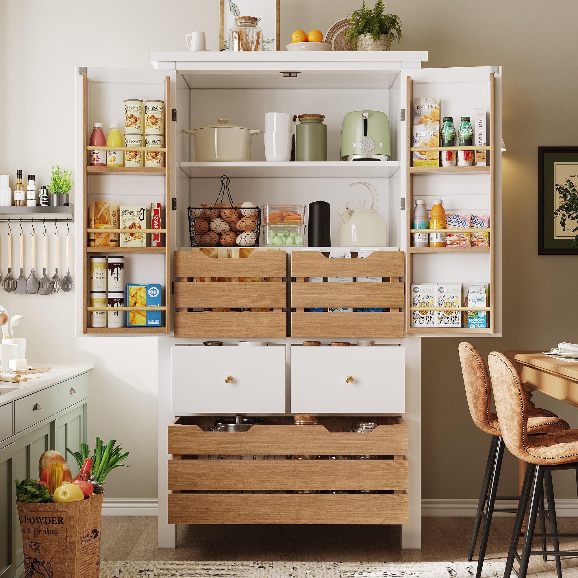 Tall Kitchen Cabinet Buffet 80x140cm Multi-Purpose Storage with 2 Doors & 5 Drawers Black/White