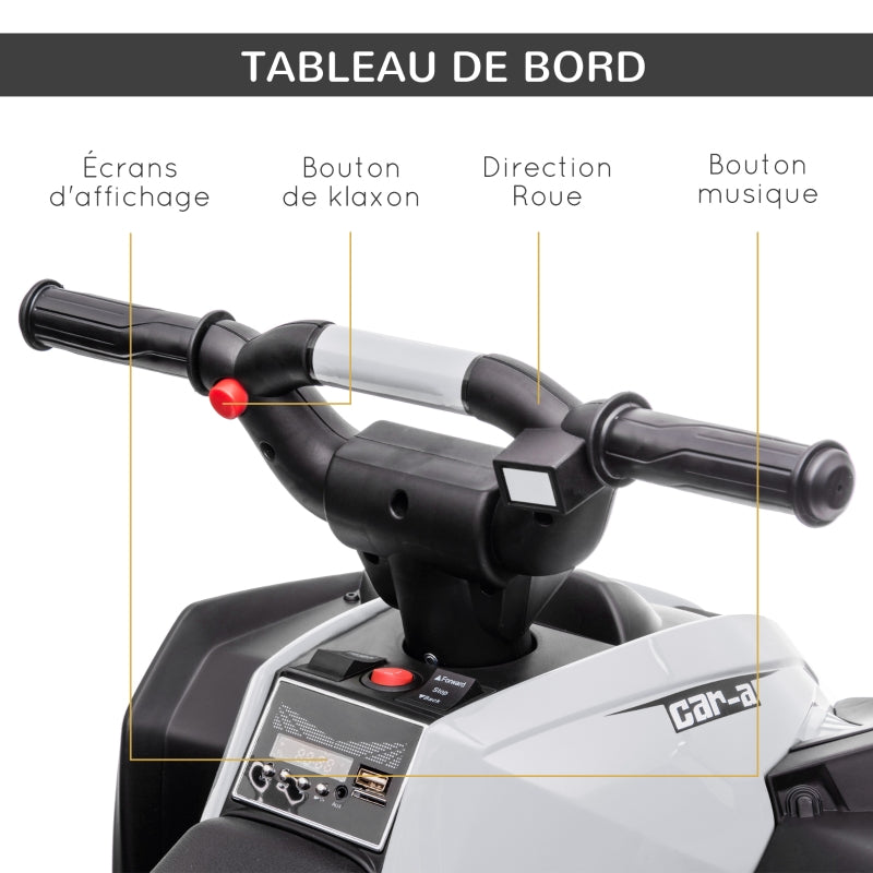 Children's Quad Electric Car, 6 km/h, Sound and Light, Black and White