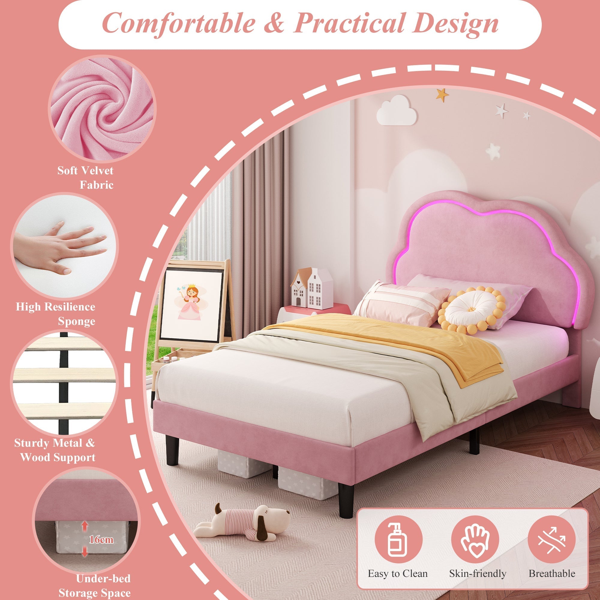 3ft Single Upholstered Bed with LED Adjustable Cute Cloud Headboard, Pink Soft Velvet