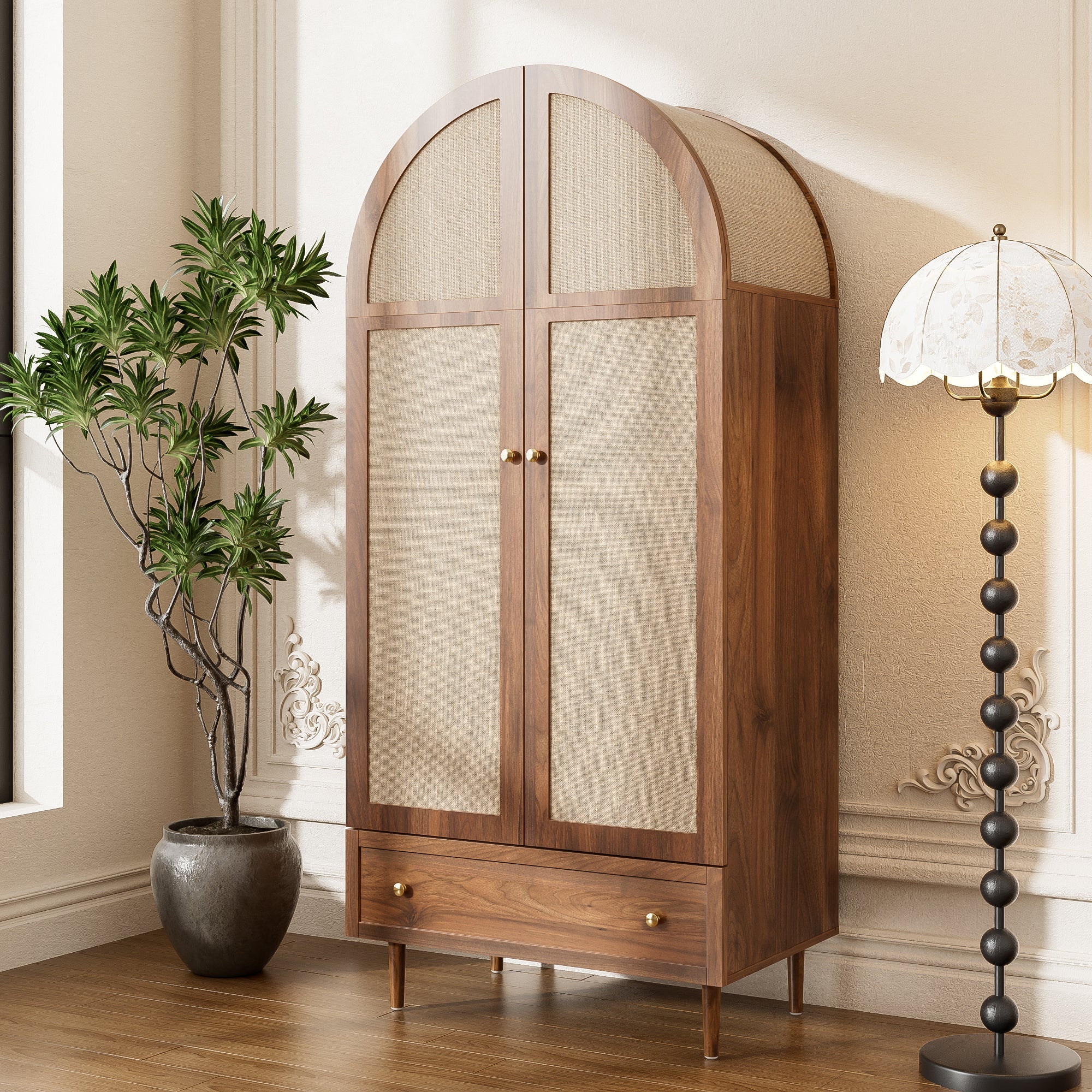 Wardrobe with Drawers Linen Fabric Wooden Doors
