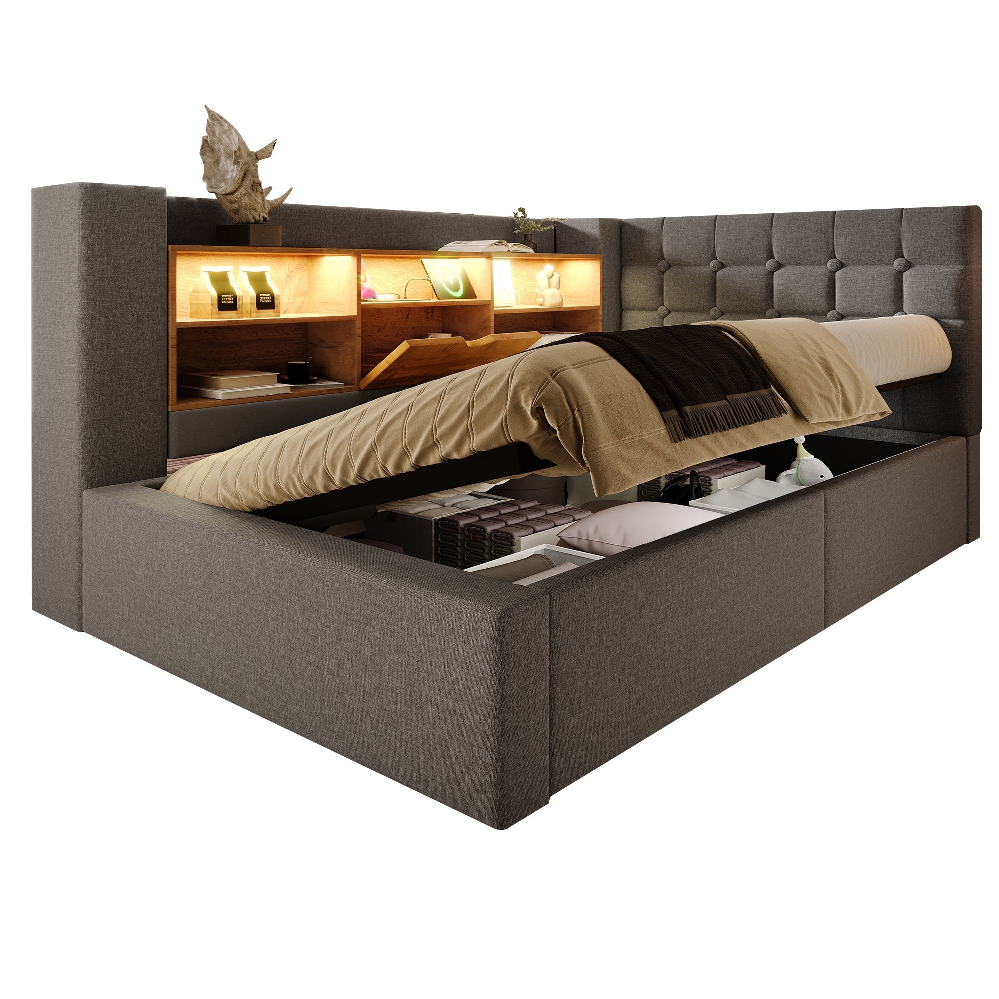 Upholstered Single Bed with LED, Hydraulic Storage and L-Shaped Headboard, 90x190cm, Grey Linen Fabric