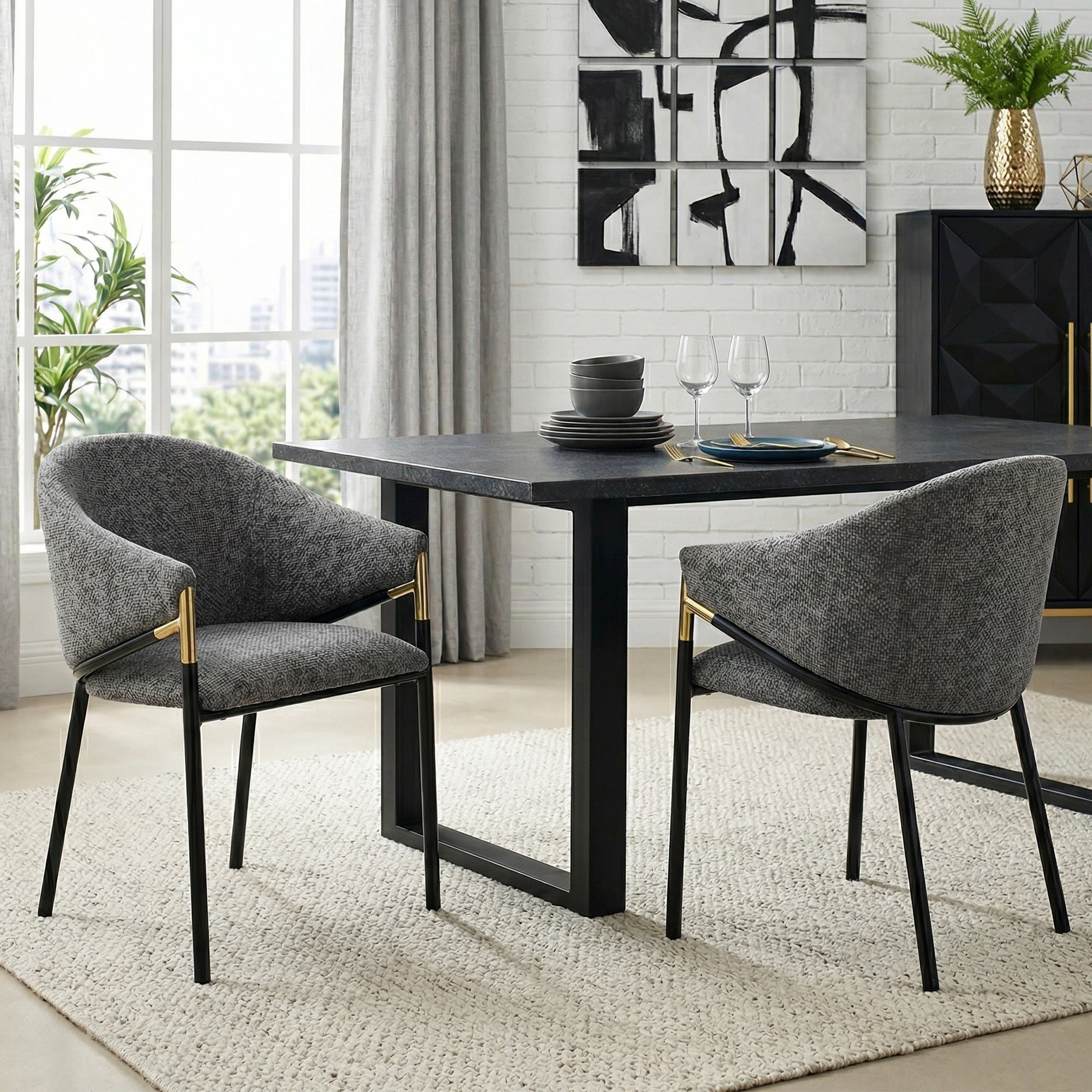 4 Dining Chairs, Modern Style with Gold Stainless Steel Handrails, Grey Chenille