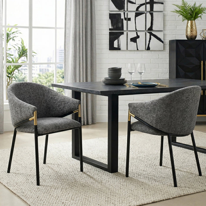 Set of 2 Modern Dining Chairs with Gold Stainless Steel Handrails, Grey Chenille Upholstery