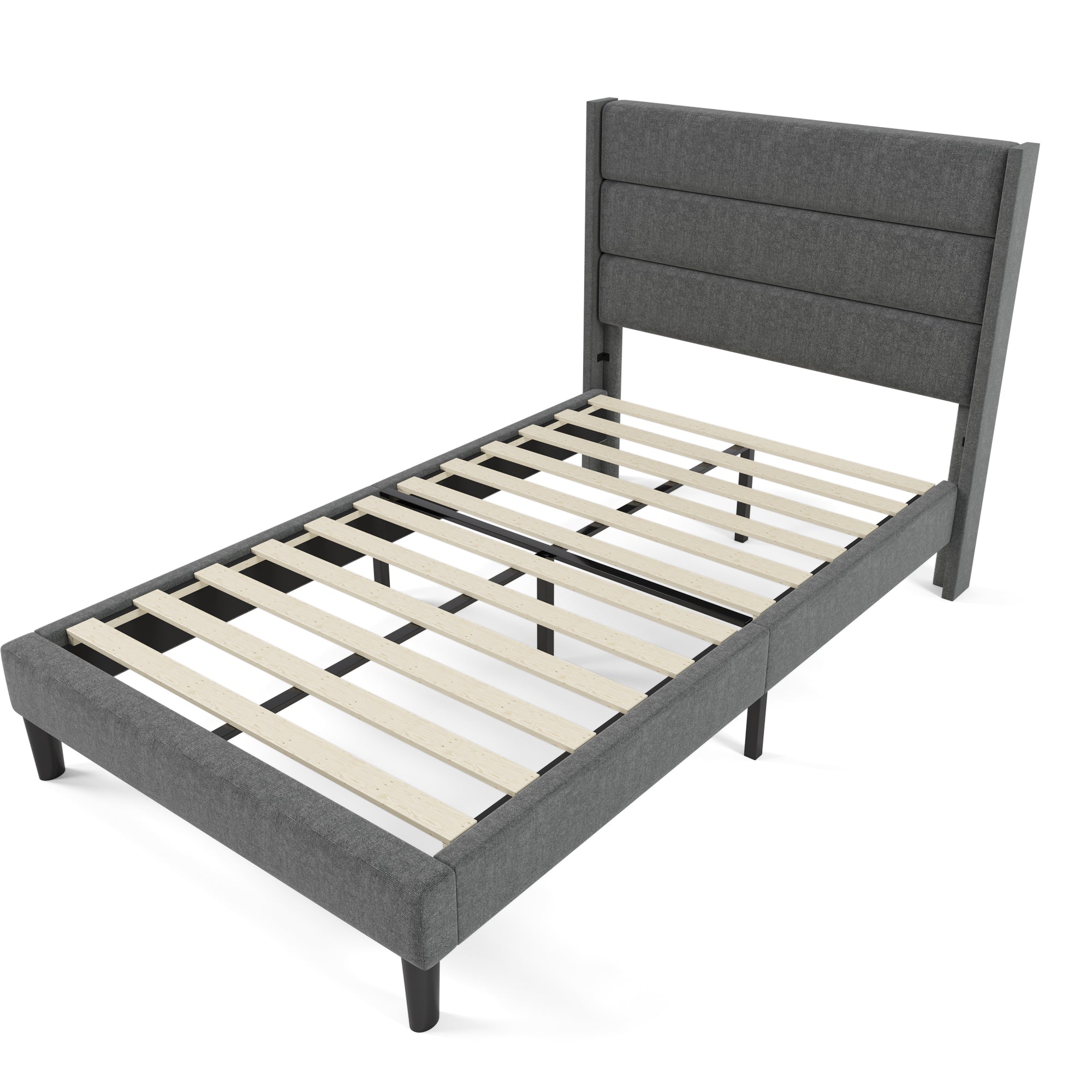 Upholstered Bed: Slatted Frame & Headboard, 90x200cm, Grey Linen