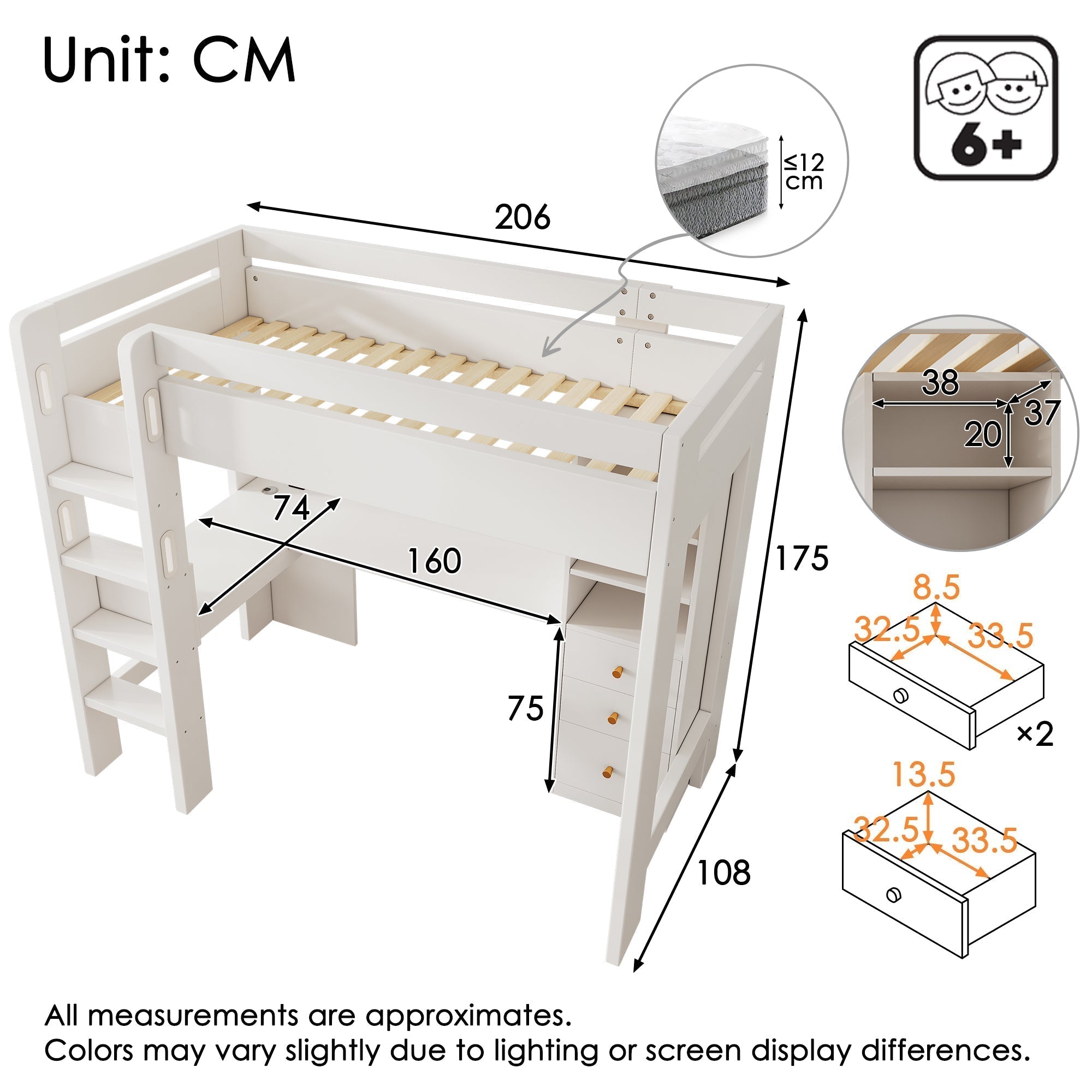 Children’s Loft Bed with Integrated L-Shaped Desk, Storage & Charging Ports - White